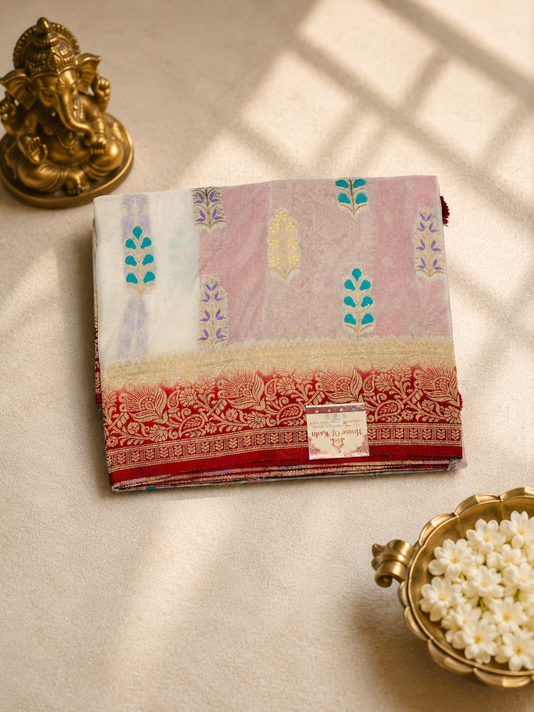 Ivory White Banarasi Silk Saree with Crimson Red Zari Border