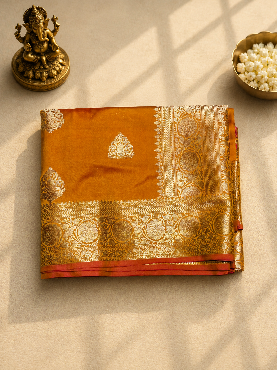 Golden Mustard Dual-Tone Banarasi Silk Saree with Rich Zari Weaving