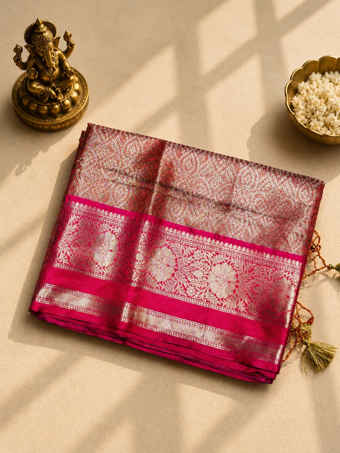 Copper Brown & Rani Pink Banarasi Silk Saree