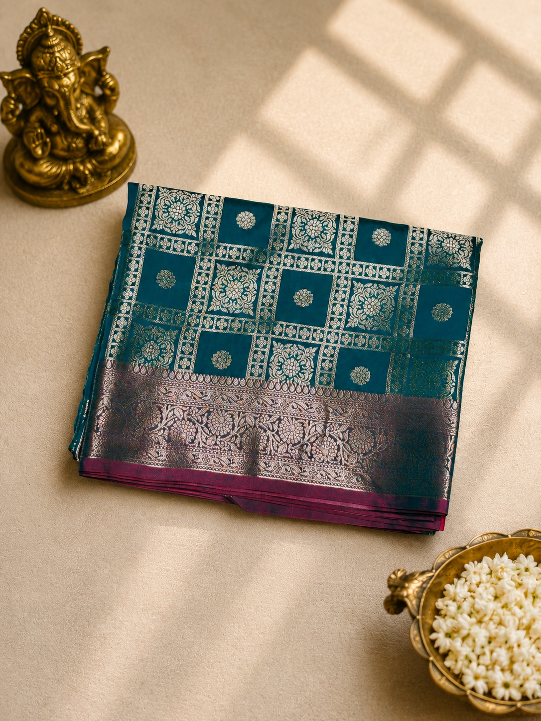 Peacock Teal Banarasi Silk Saree with Silver Zari Checks & Pink Contrast Pallu