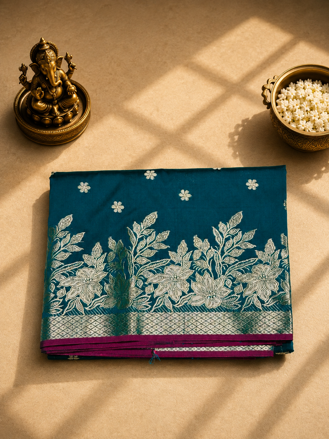Teal Blue Saree with Silver Zari Floral Border