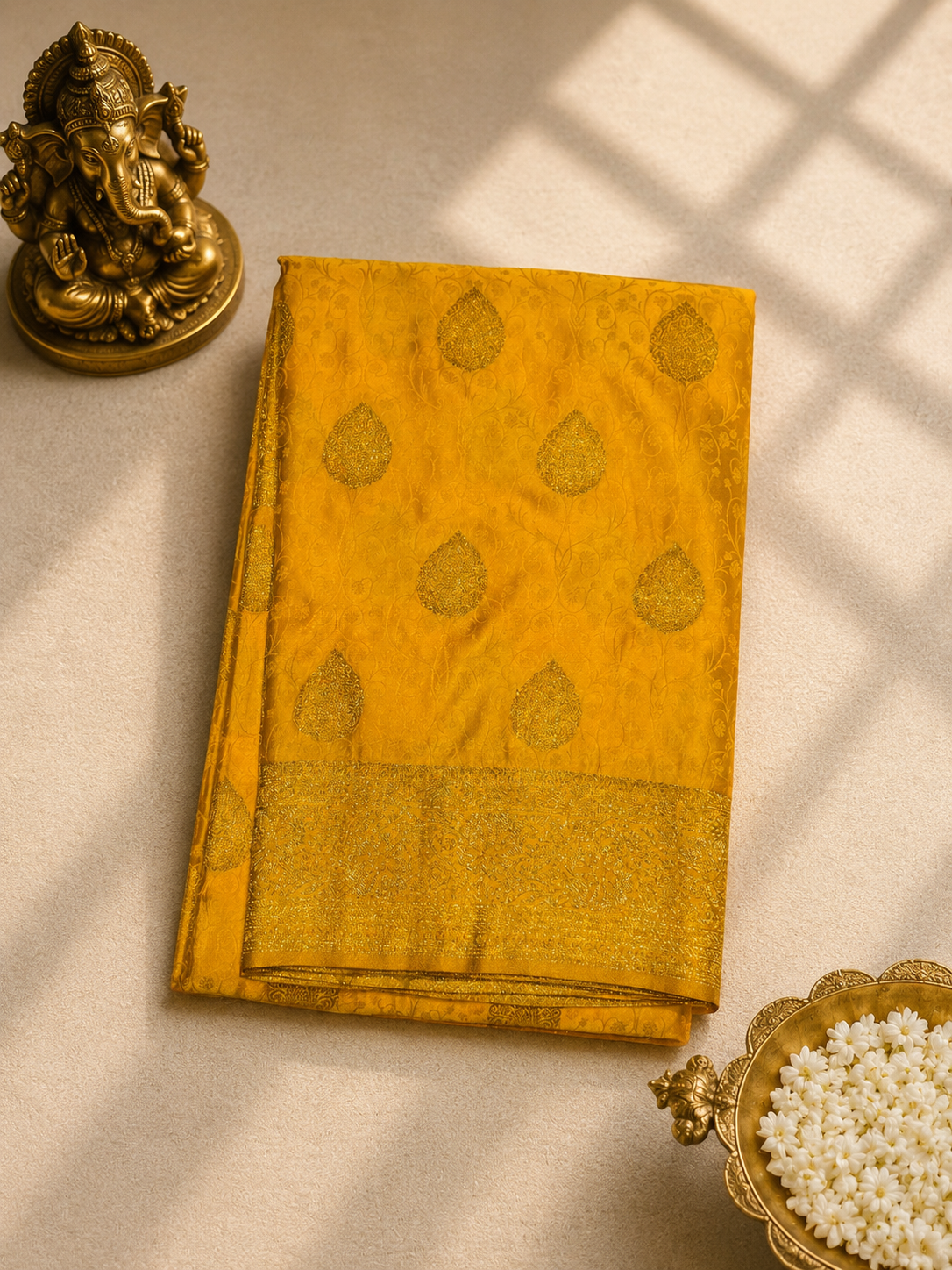 Mustard Yellow Saree with Golden Zari Woven Border