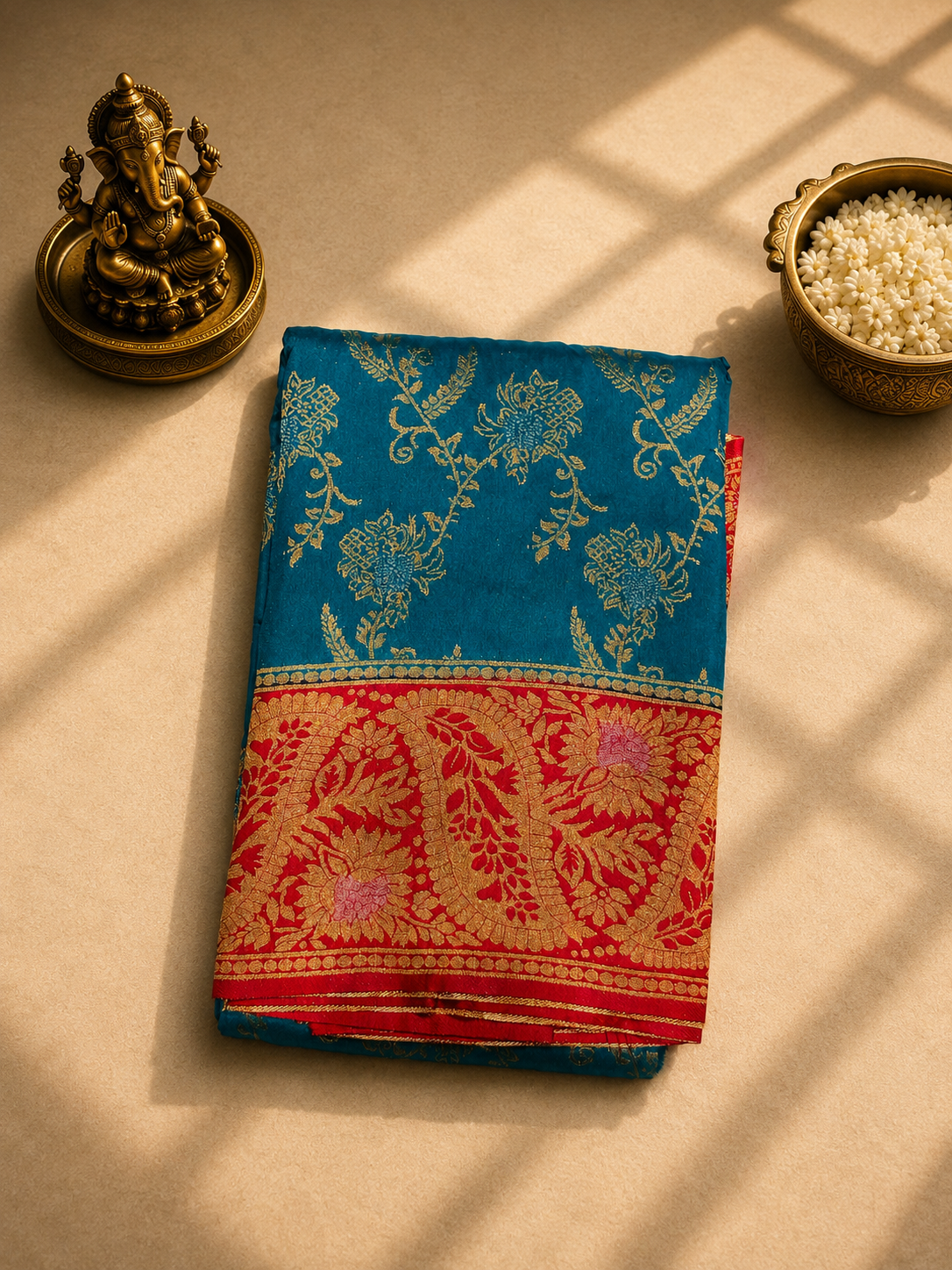 Teal Blue & Rani Pink Banarasi Saree with Golden Zari Weaving