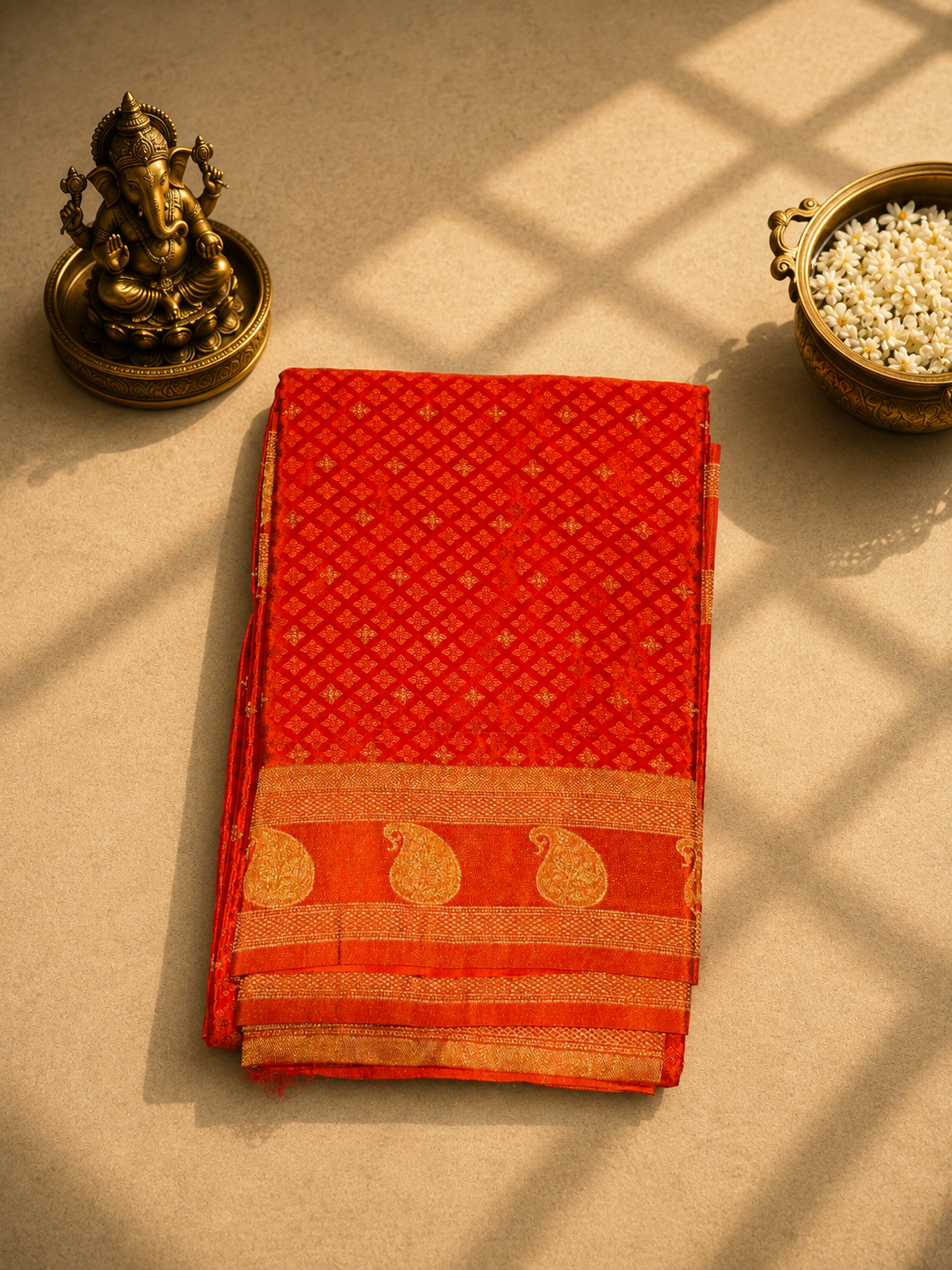 Red Banarasi Saree with Golden Zari Paisley Border