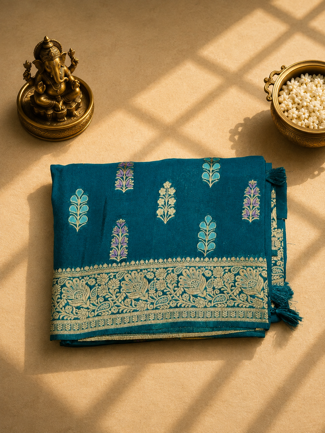 Teal Blue Banarasi Saree with Silver Zari Floral Weaving