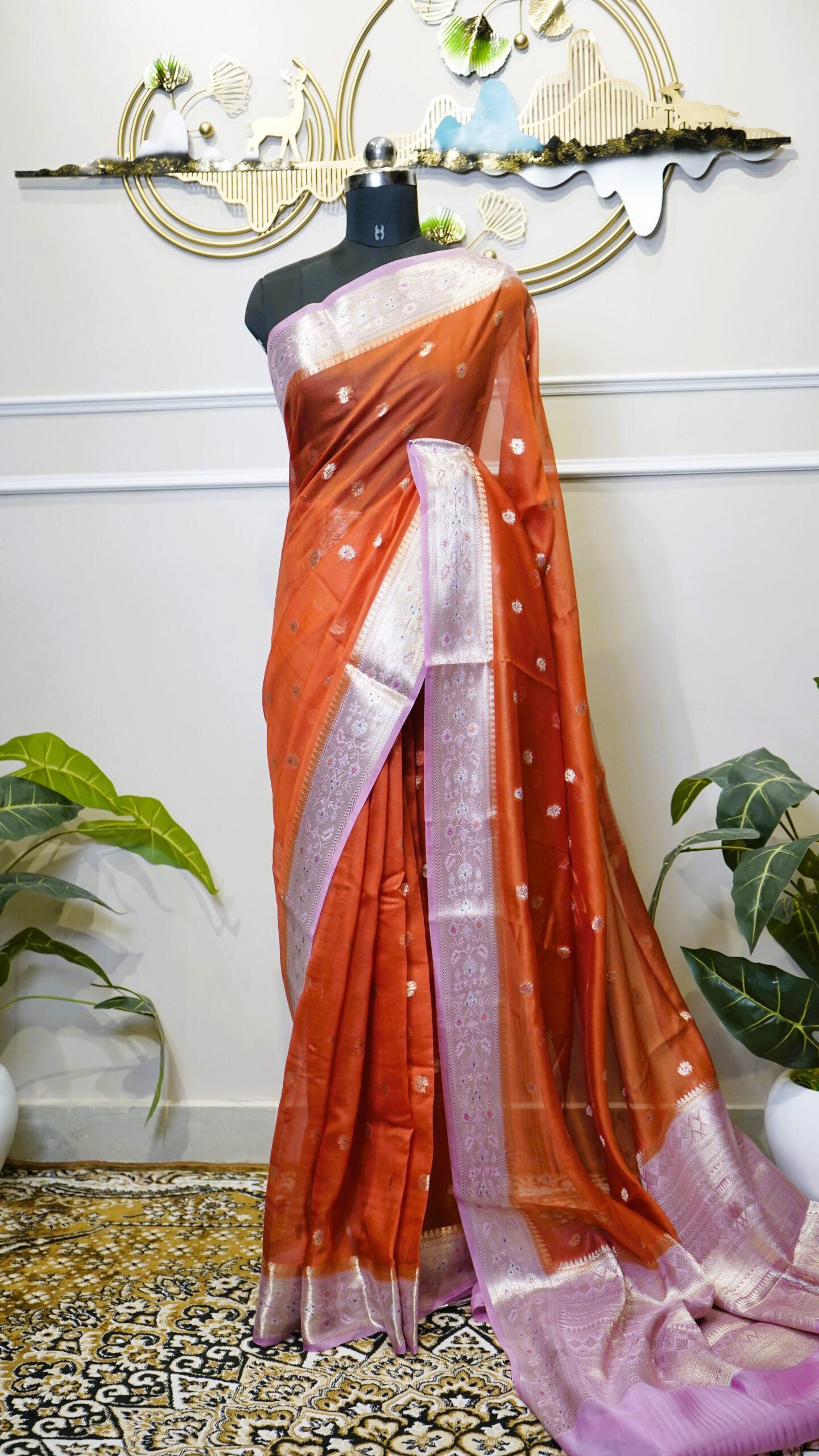 Rust Orange Dupin Fabric Saree with Silver Zari Woven Border - Image 2