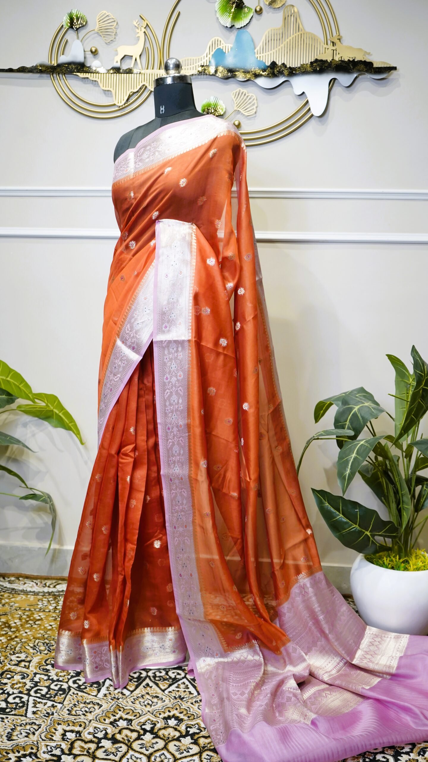 Rust Orange Dupin Fabric Saree with Silver Zari Woven Border - Image 5