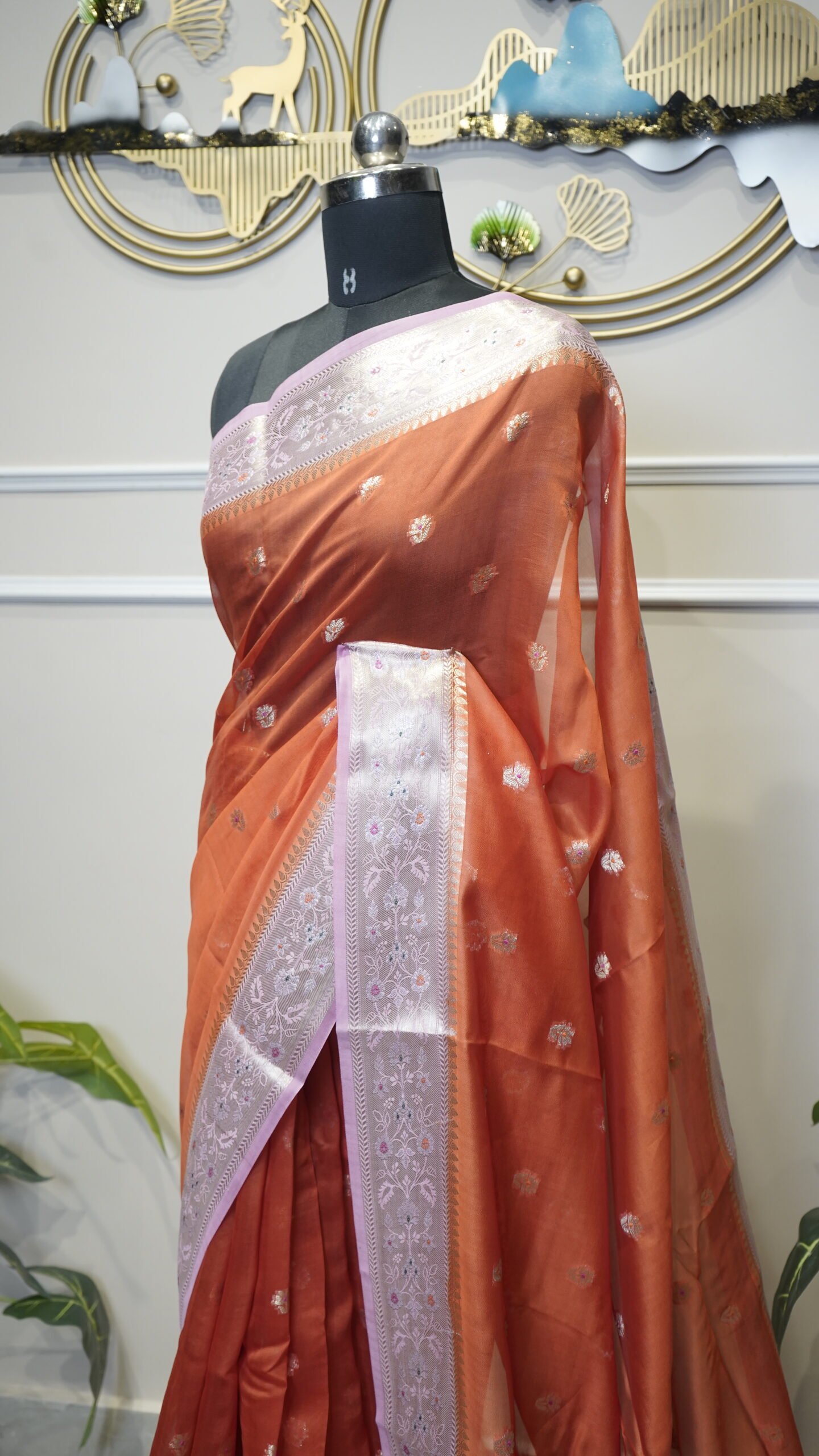 Rust Orange Dupin Fabric Saree with Silver Zari Woven Border - Image 6
