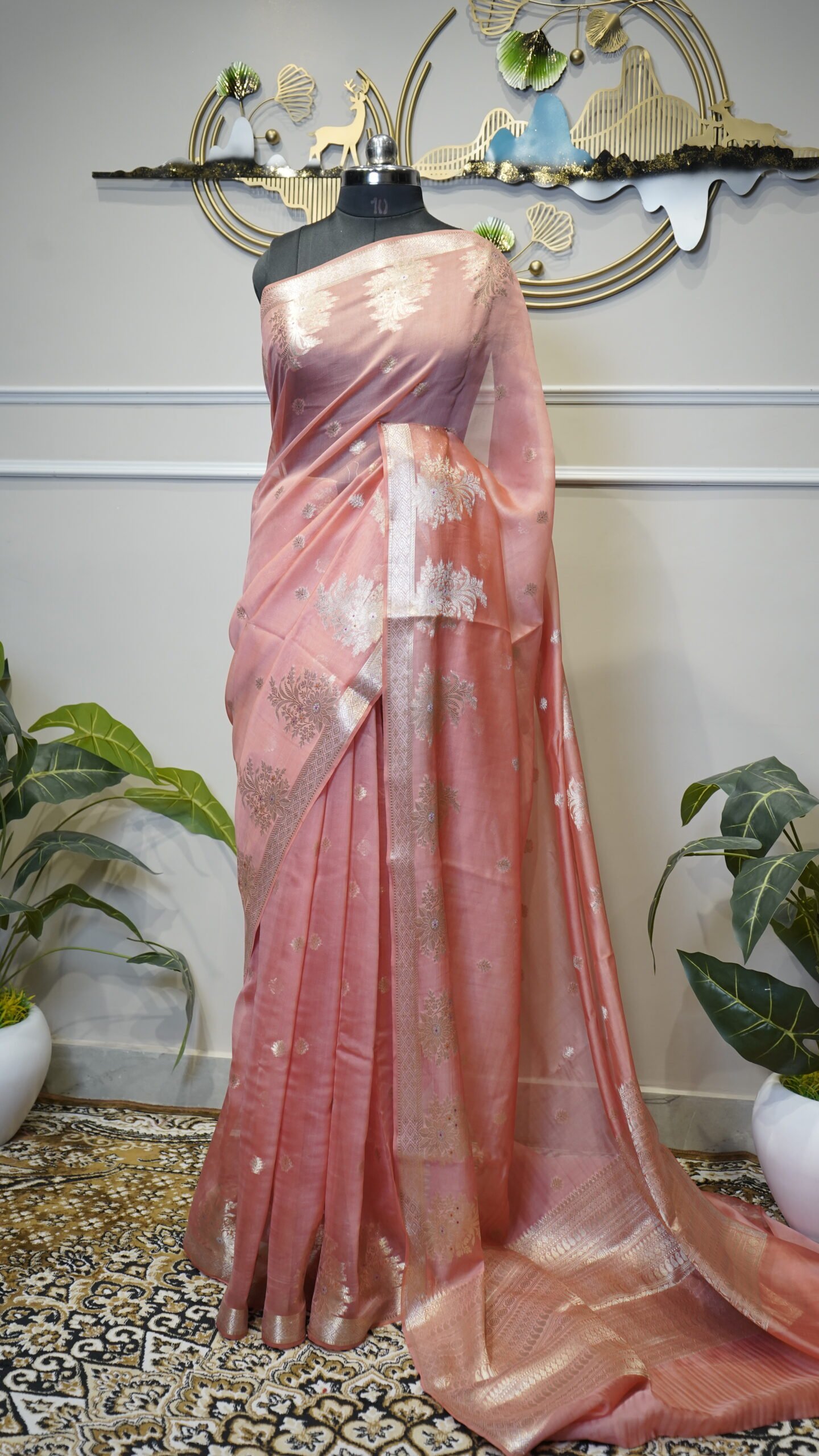 Blush Pink Dupion Fabric Saree with Silver Zari Woven Border - Image 3