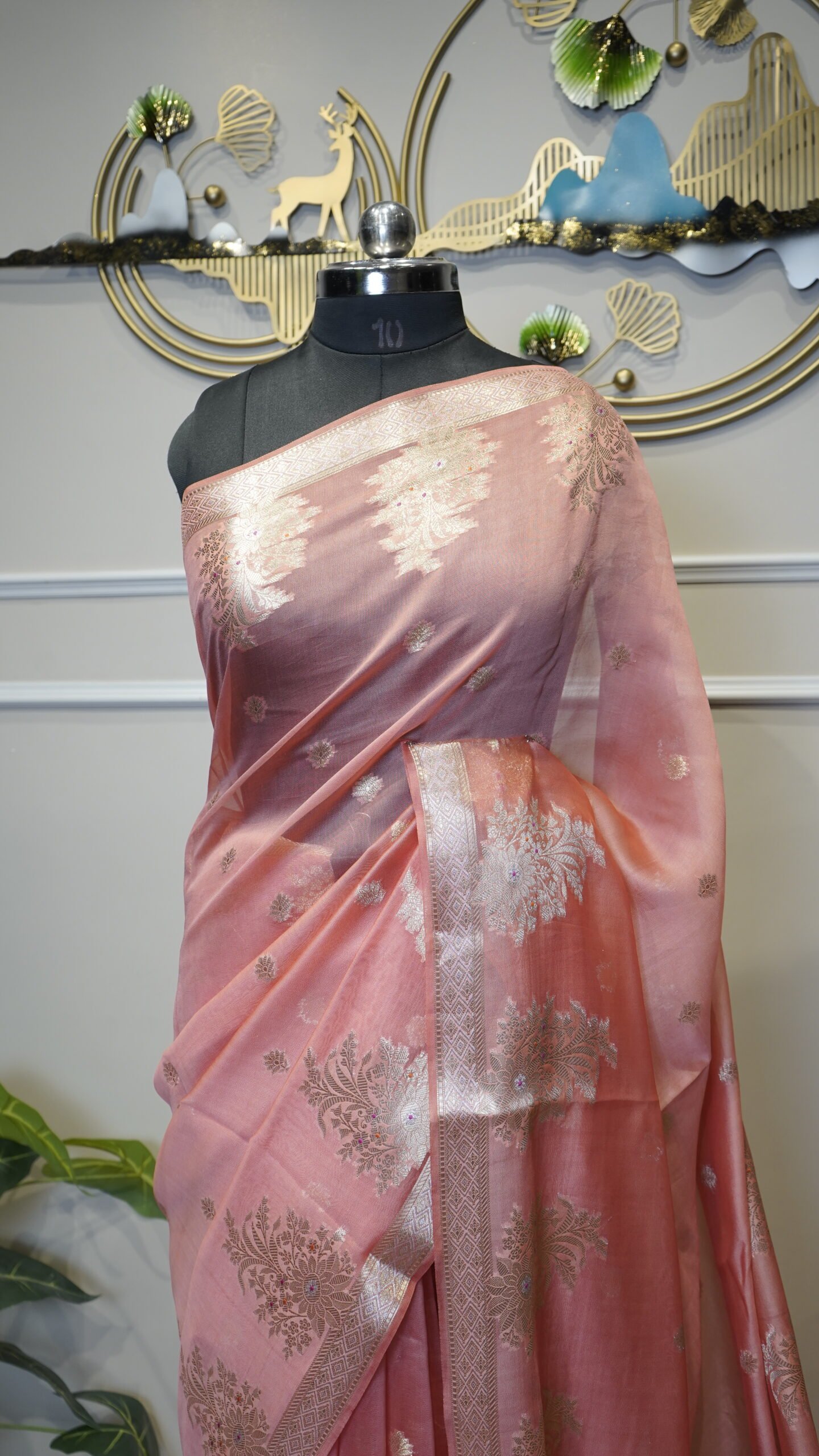 Blush Pink Dupion Fabric Saree with Silver Zari Woven Border - Image 4