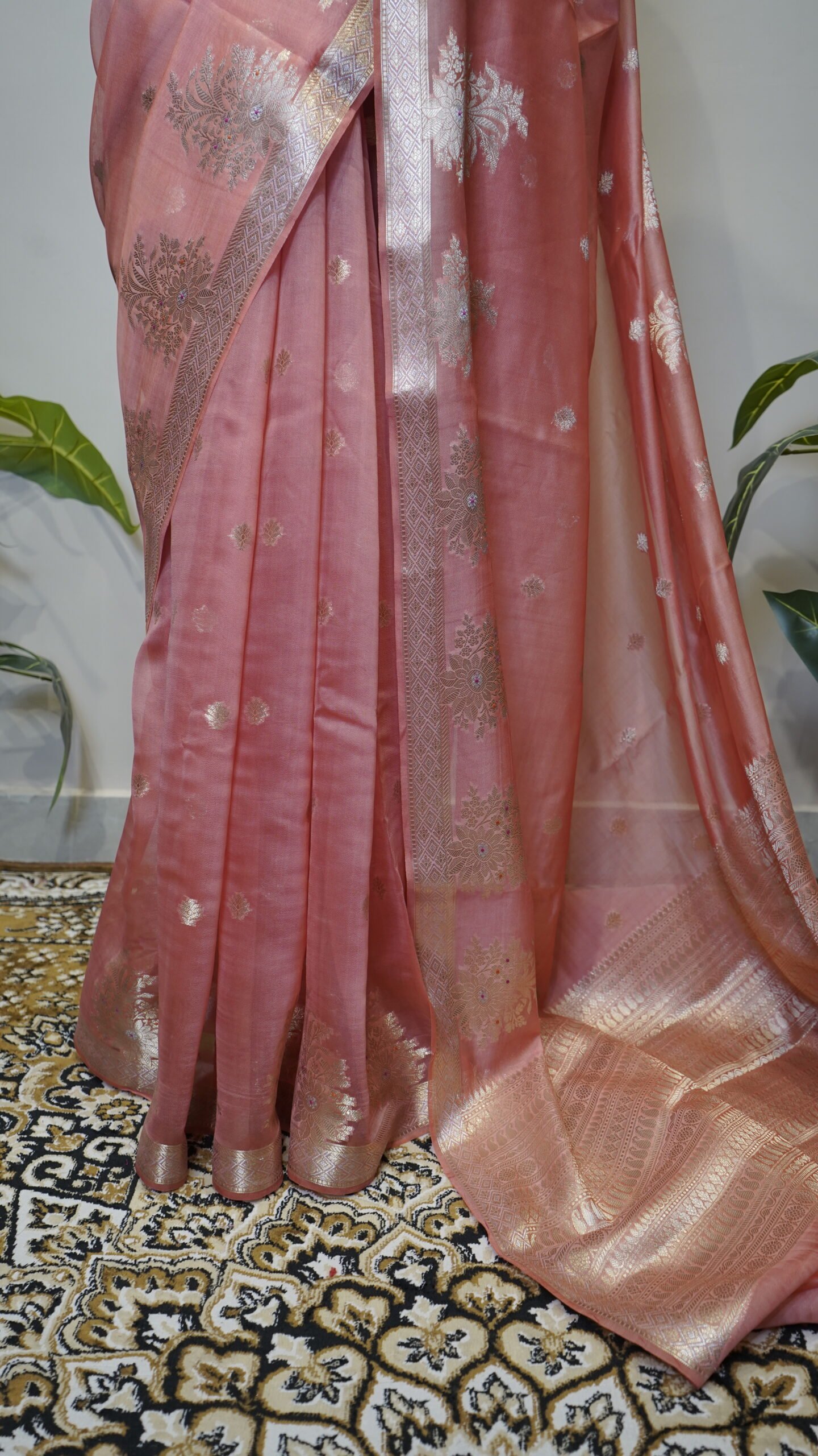 Blush Pink Dupion Fabric Saree with Silver Zari Woven Border - Image 5