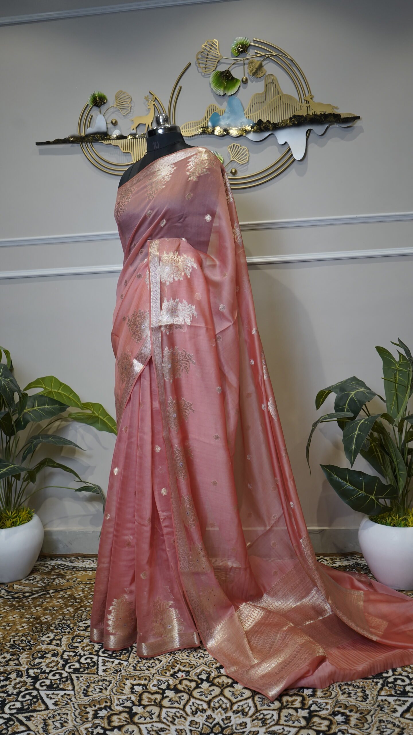 Blush Pink Dupion Fabric Saree with Silver Zari Woven Border - Image 6