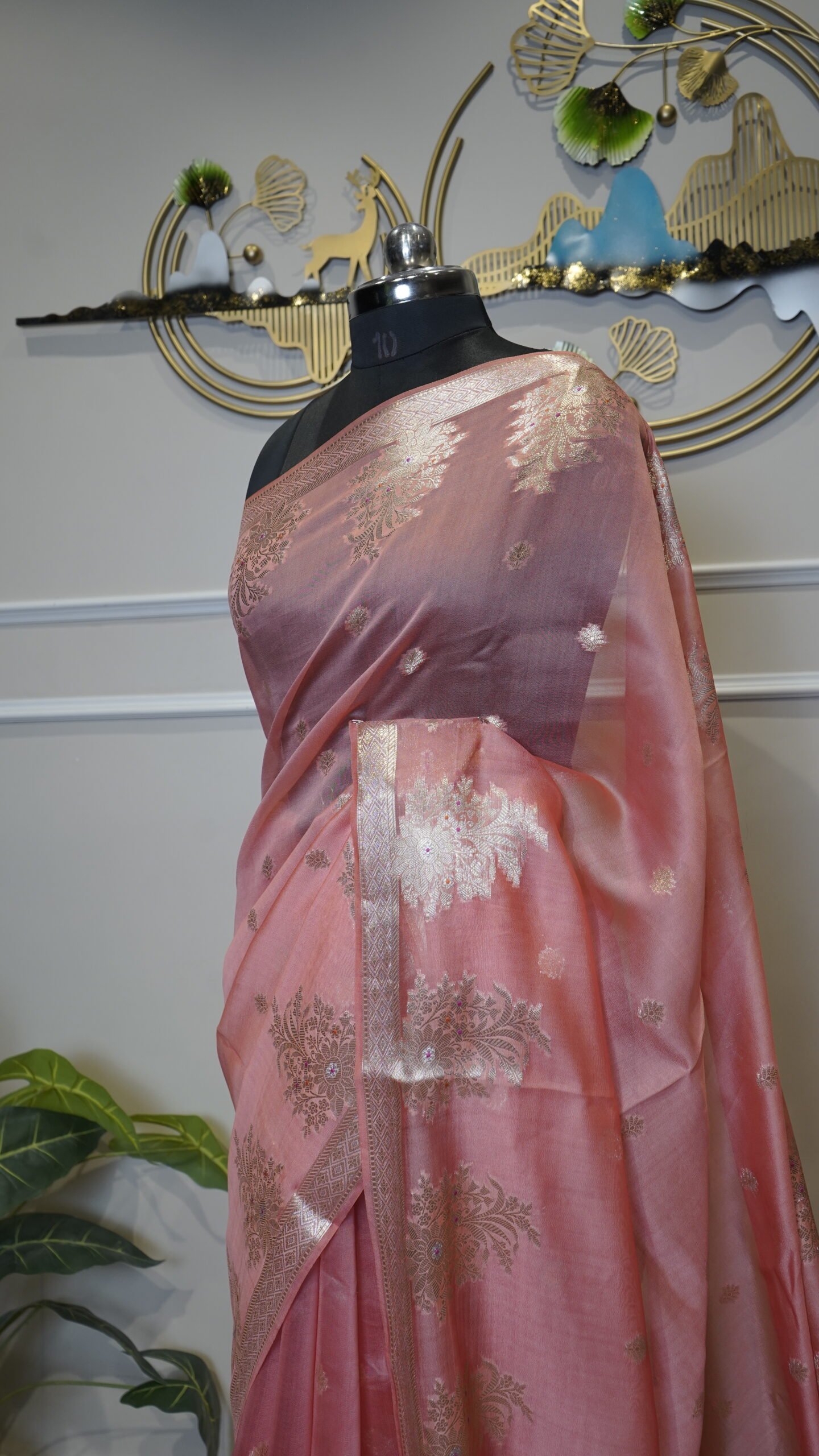 Blush Pink Dupion Fabric Saree with Silver Zari Woven Border - Image 7