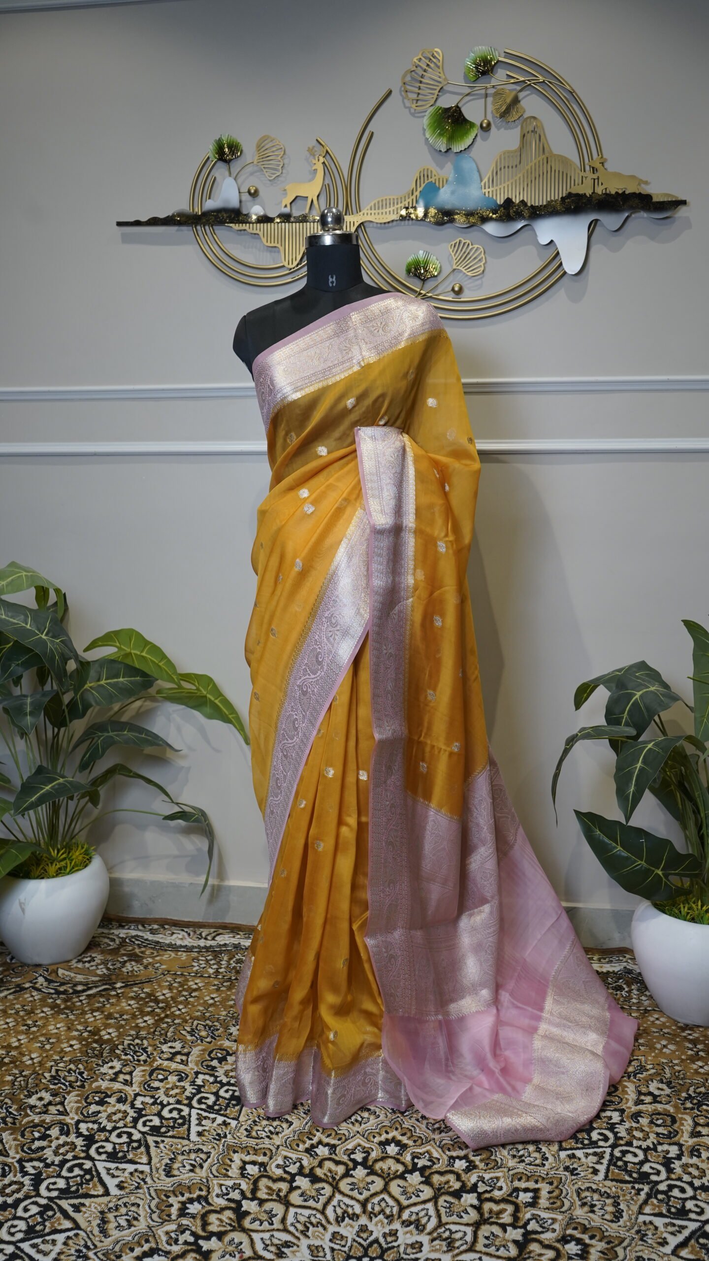 Mustard Yellow Dupion Fabric Saree with Silver Zari Woven Border - Image 2