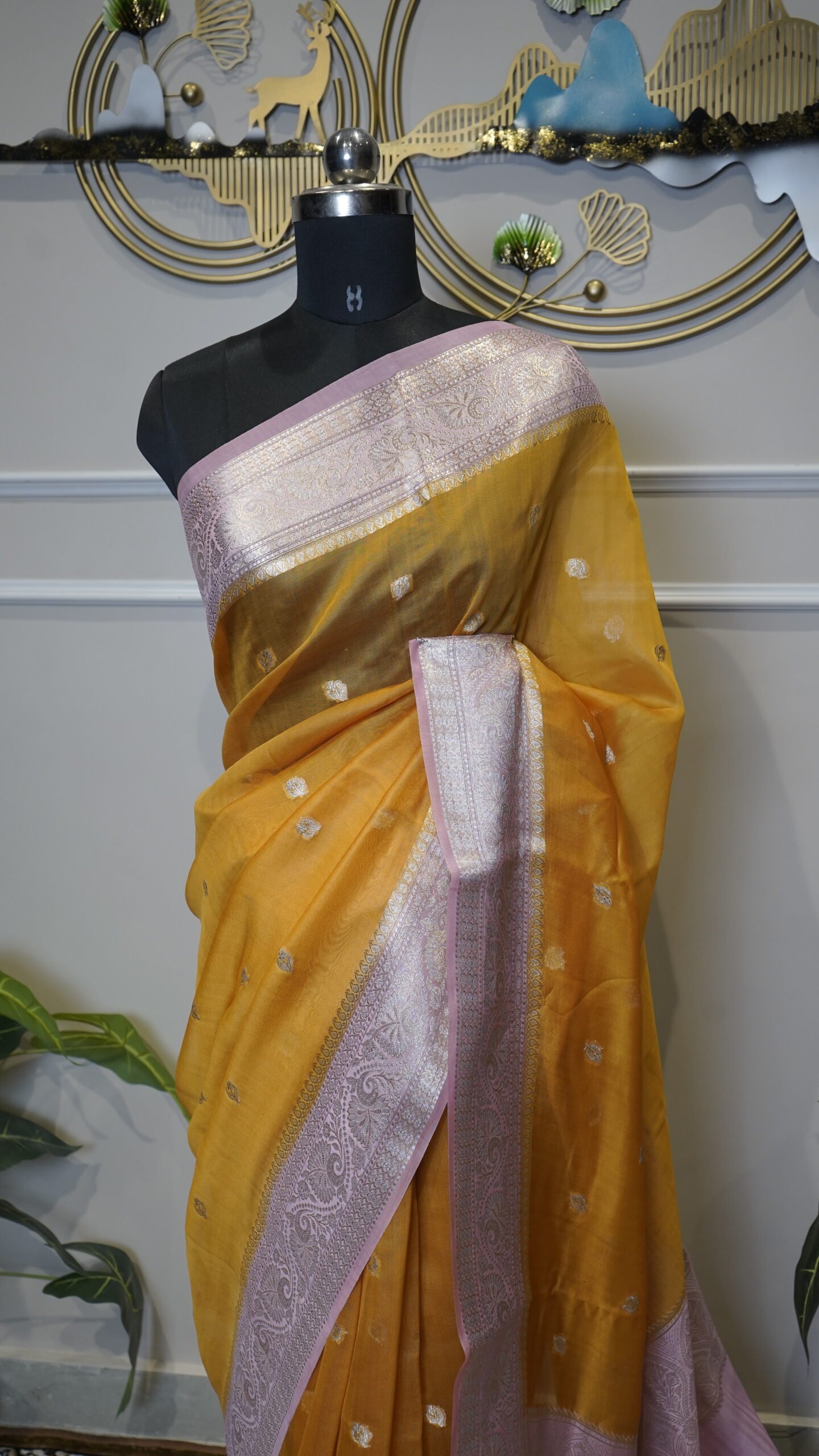 Mustard Yellow Dupion Fabric Saree with Silver Zari Woven Border - Image 3