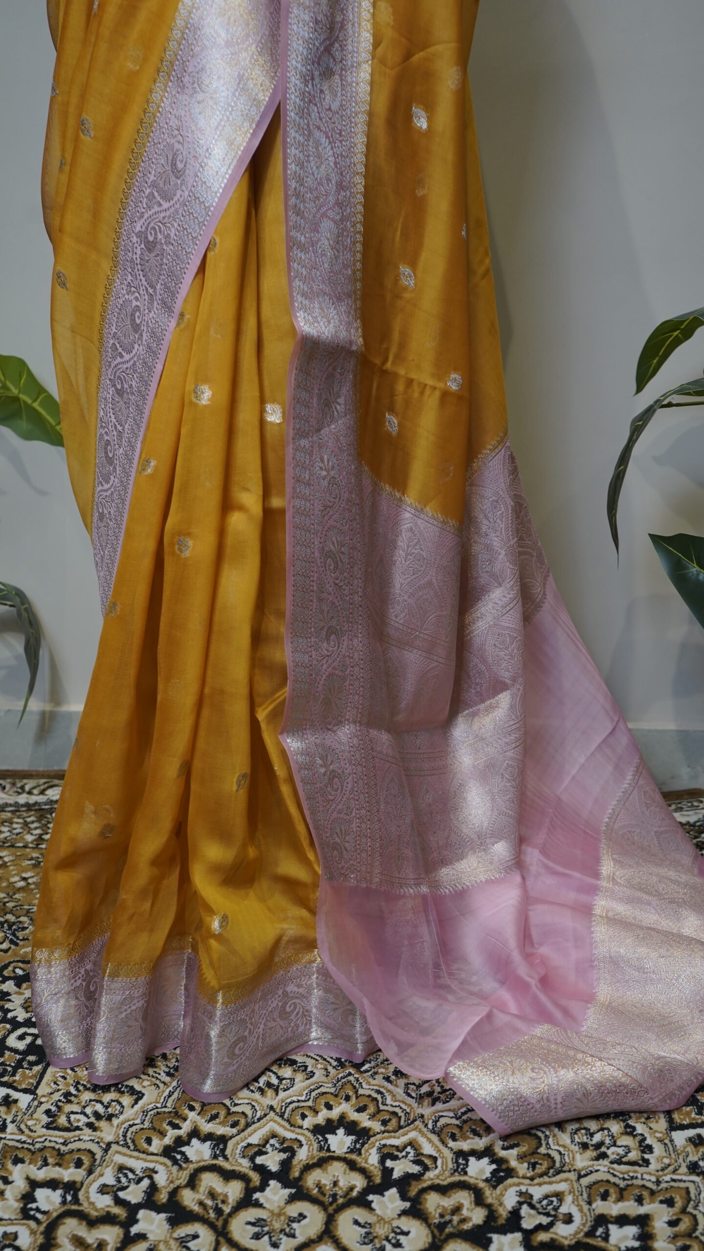Mustard Yellow Dupion Fabric Saree with Silver Zari Woven Border - Image 4