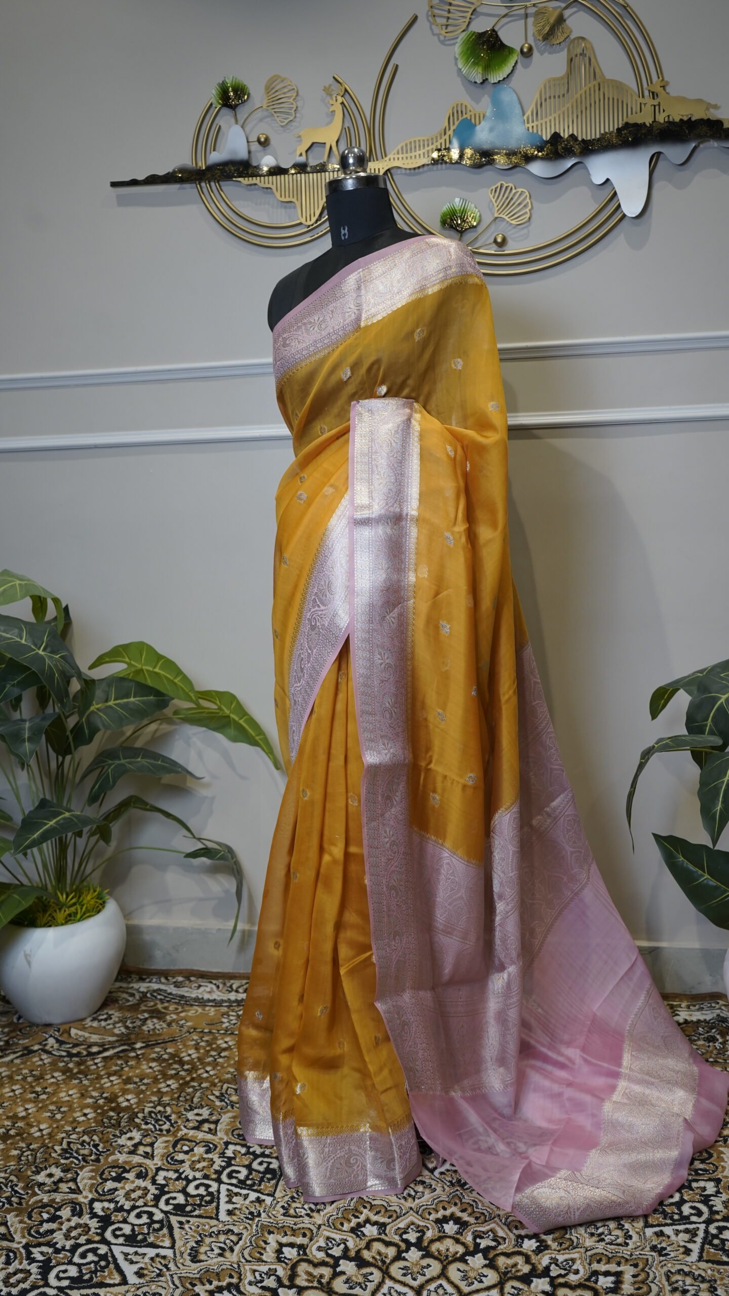 Mustard Yellow Dupion Fabric Saree with Silver Zari Woven Border - Image 5