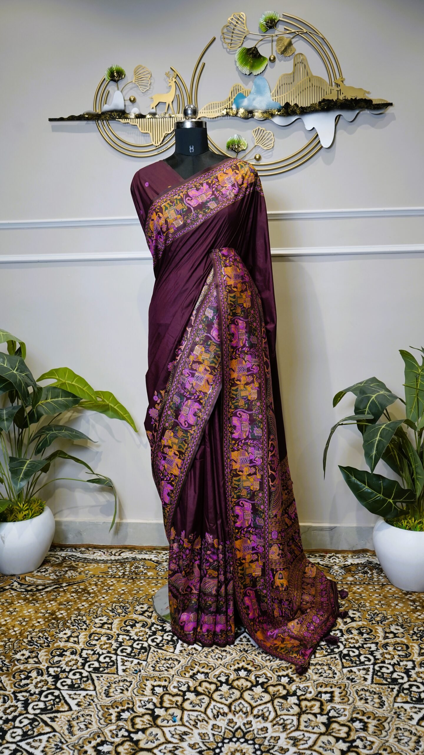 Dark Wine Banarasi Saree with Multicolor Woven Elephant & Royal Motif Border - Image 2