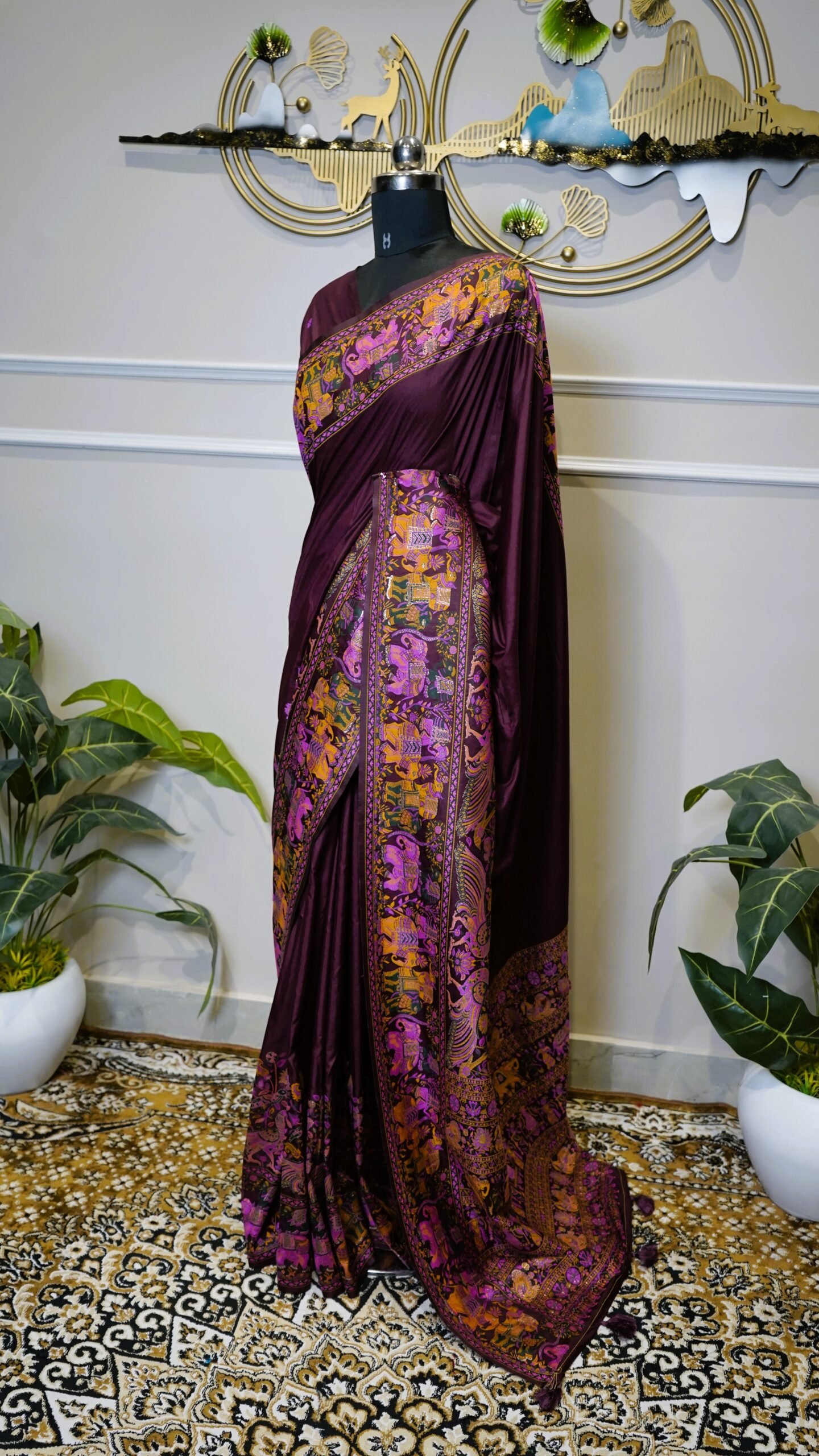 Dark Wine Banarasi Saree with Multicolor Woven Elephant & Royal Motif Border - Image 6