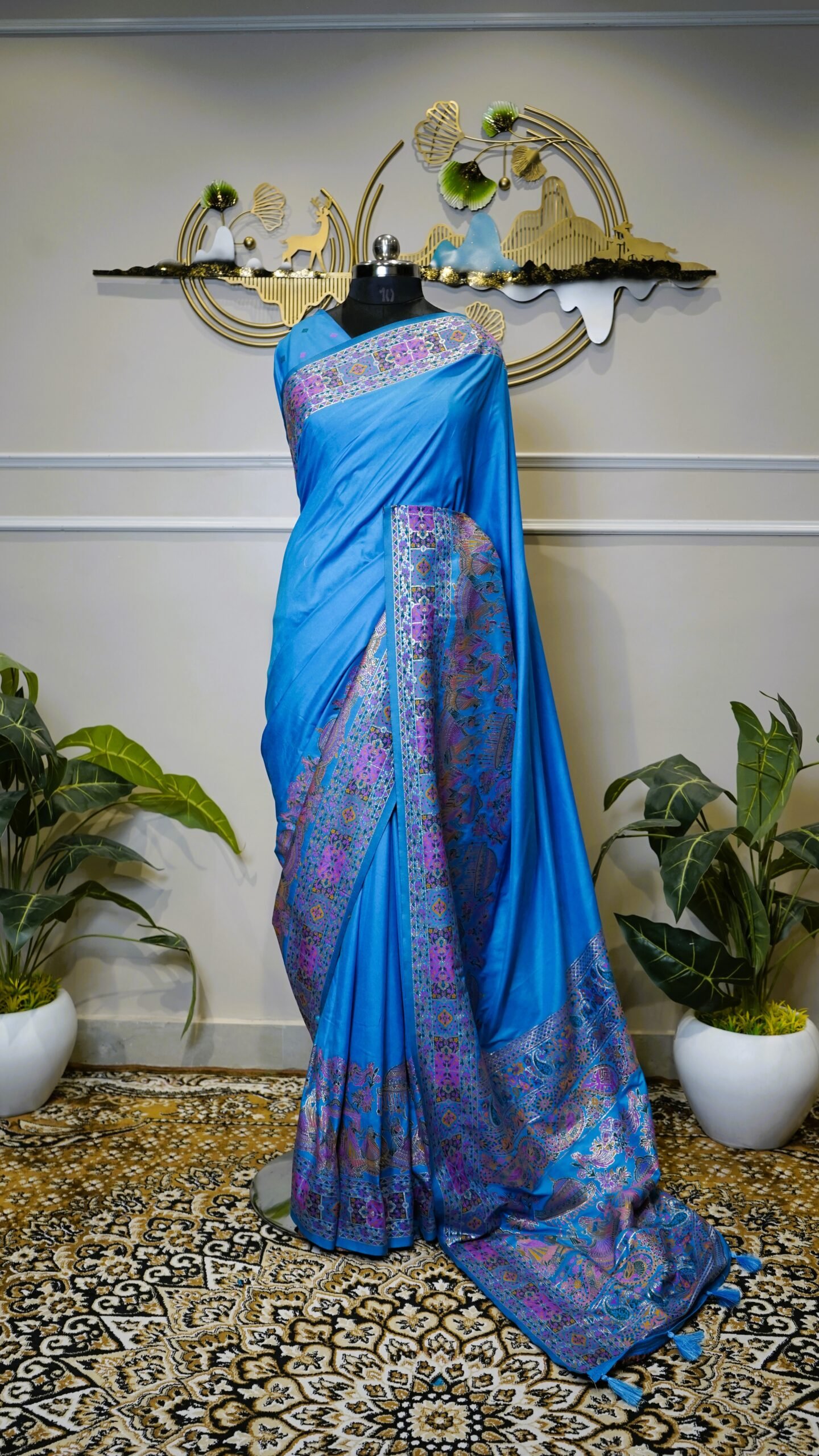 Sky Blue Banarasi Saree with Intricate Woven Border & Designer Pallu - Image 2