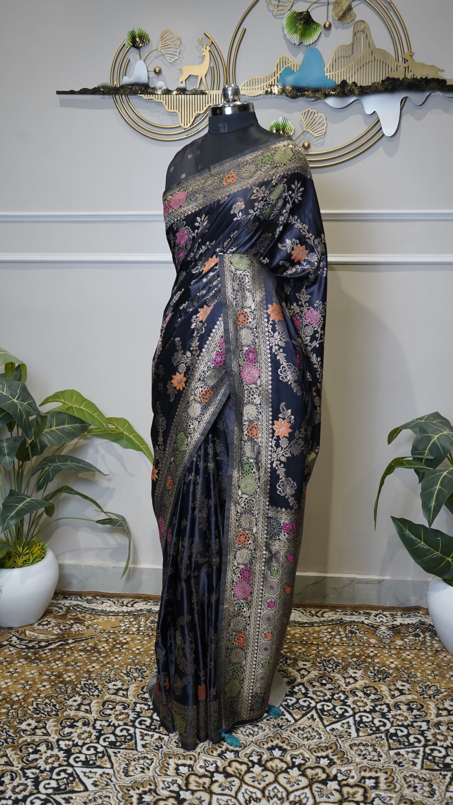 Black Banarasi Saree with Multicolor Floral Zari Weaving - Image 2