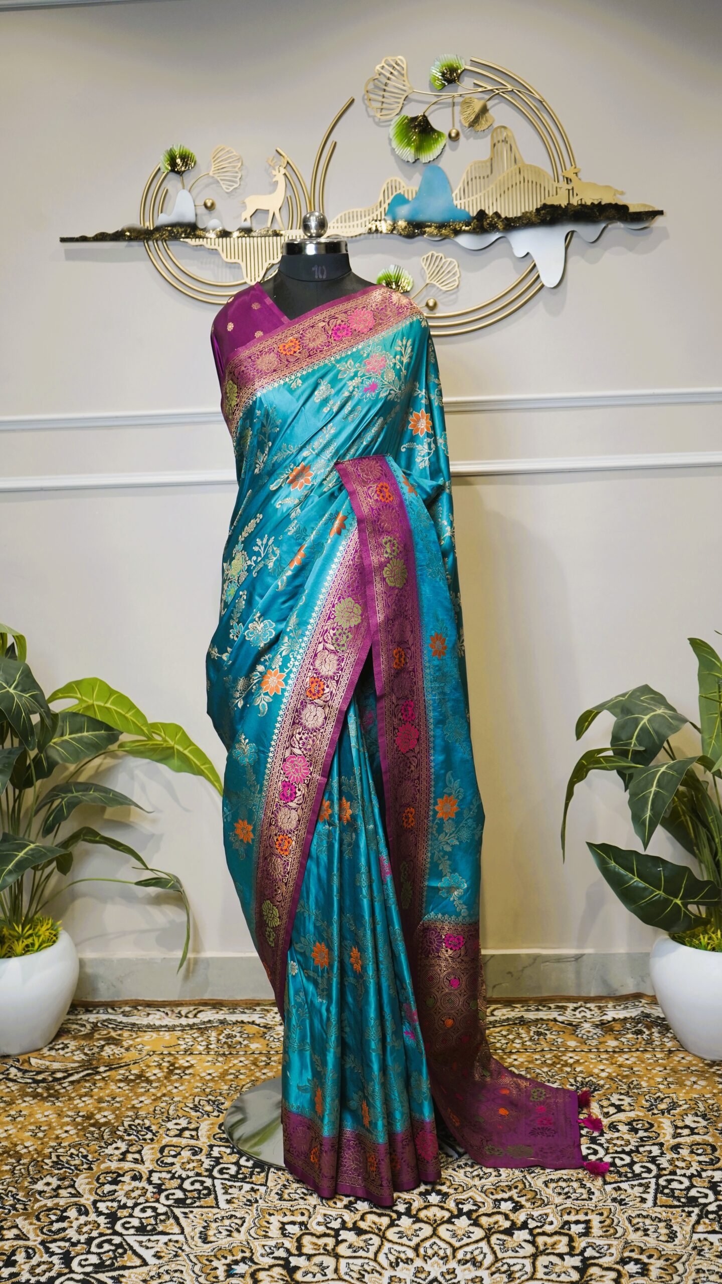 Turquoise Banarasi Saree with Floral Zari Weaving & Contrast Purple Border - Image 2