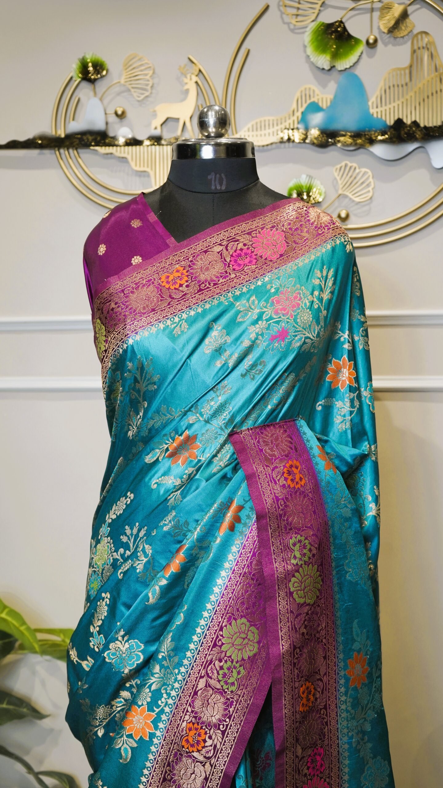 Turquoise Banarasi Saree with Floral Zari Weaving & Contrast Purple Border - Image 3