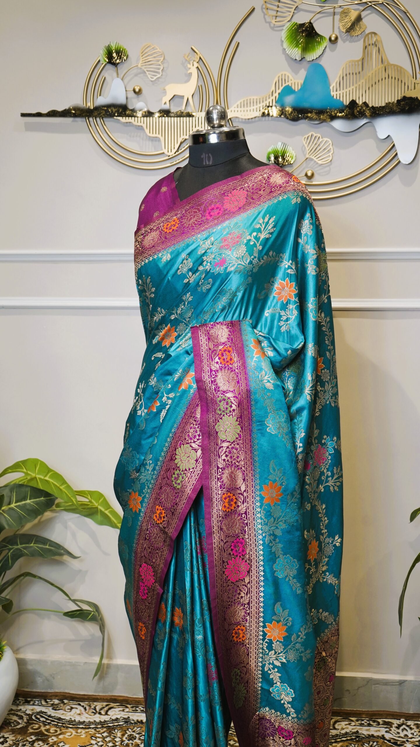 Turquoise Banarasi Saree with Floral Zari Weaving & Contrast Purple Border - Image 5