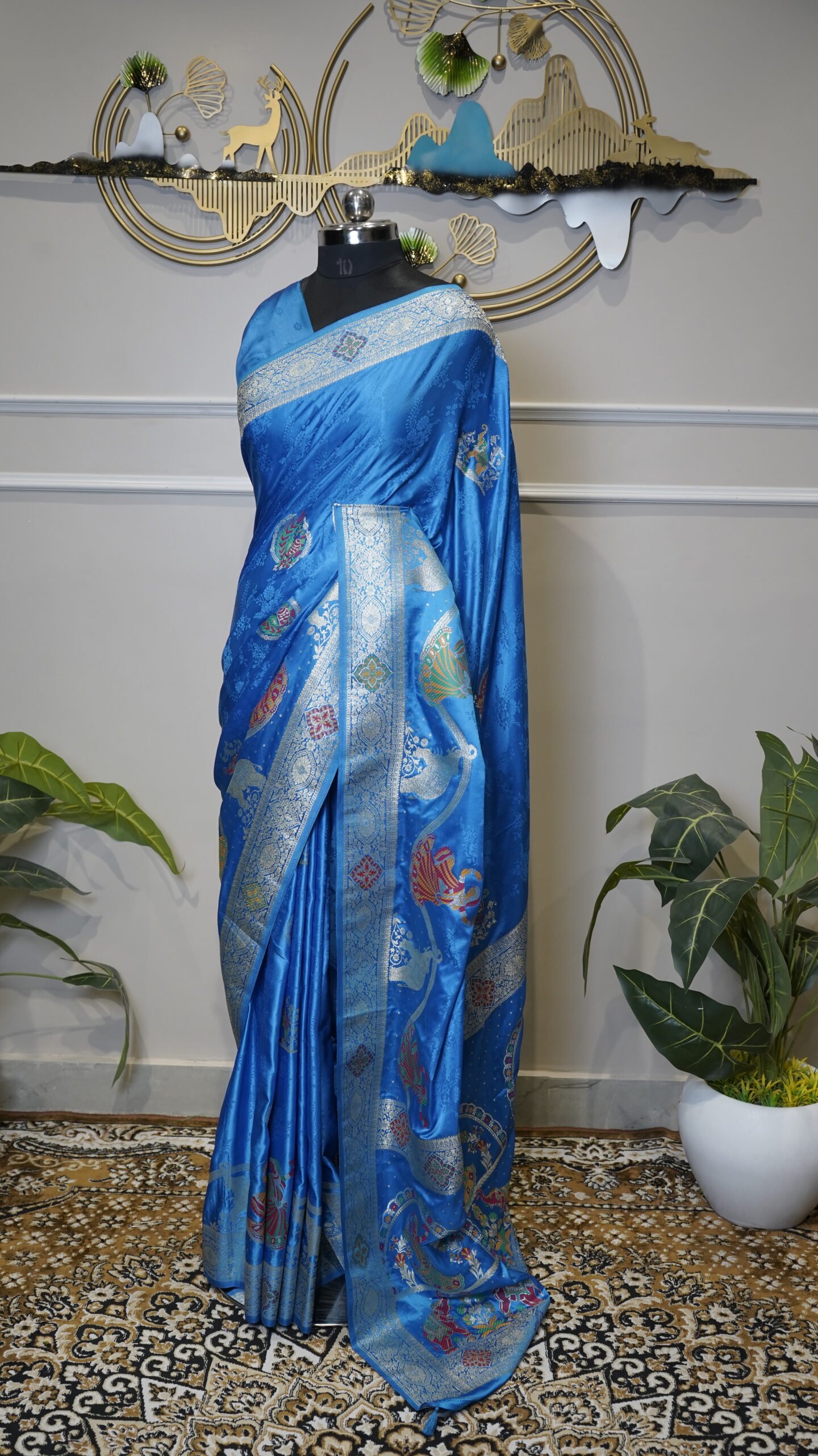 Sky Blue Banarasi Saree with Silver Zari Weaving & Traditional Meenakari Motifs - Image 2