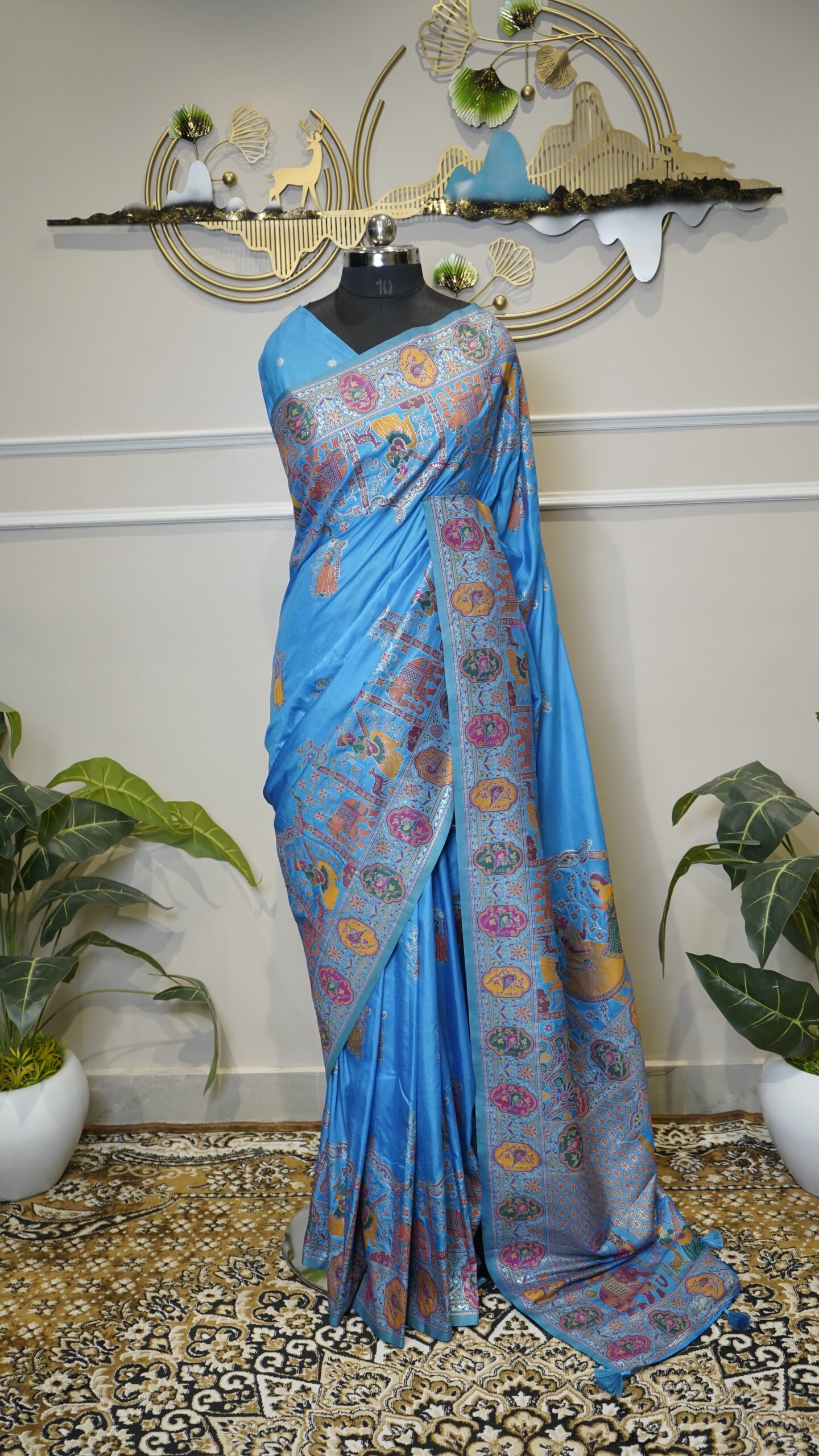 Sky Blue Banarasi Saree with Multicolor Traditional Woven Border & Pallu - Image 2