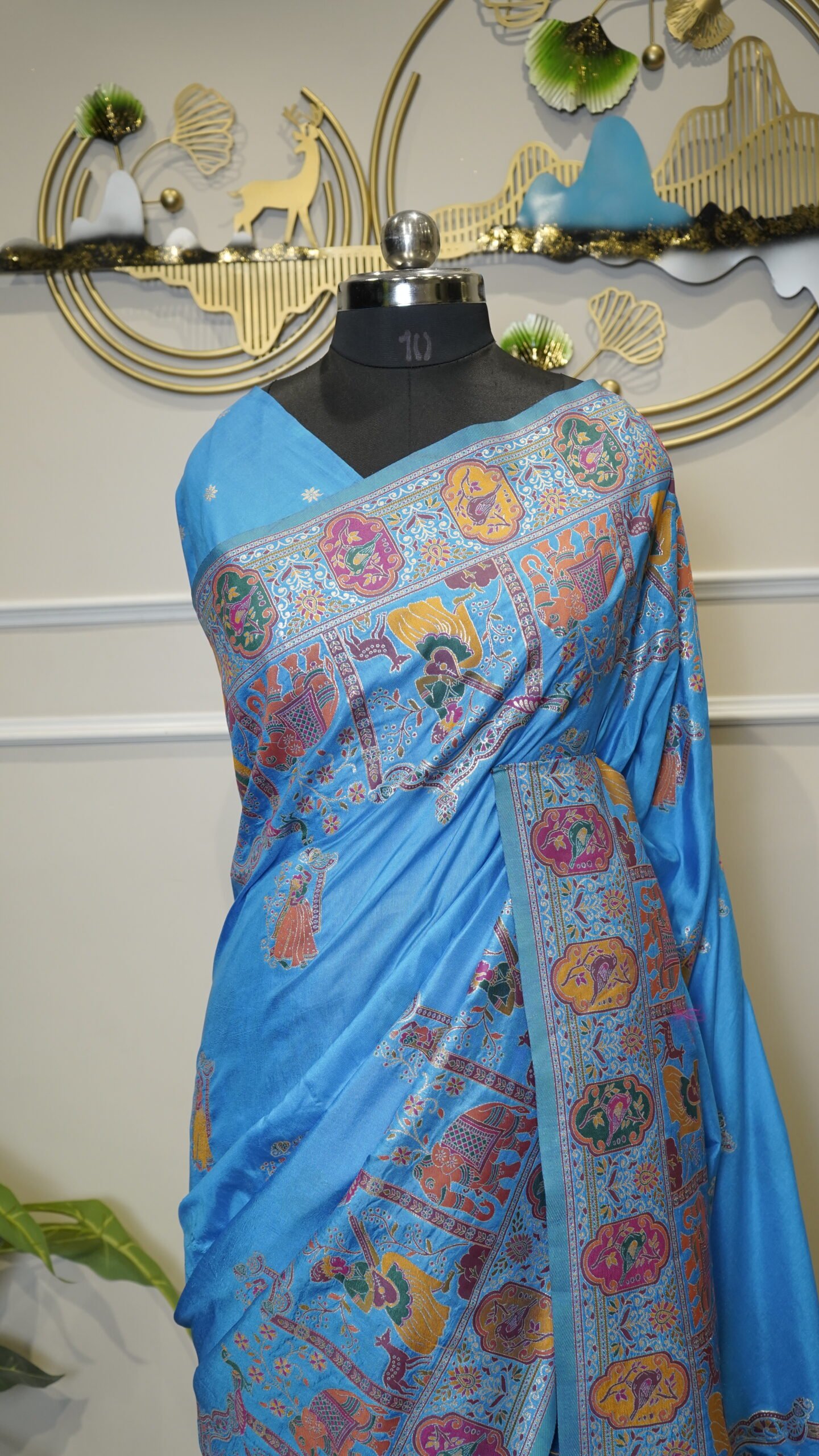 Sky Blue Banarasi Saree with Multicolor Traditional Woven Border & Pallu - Image 3