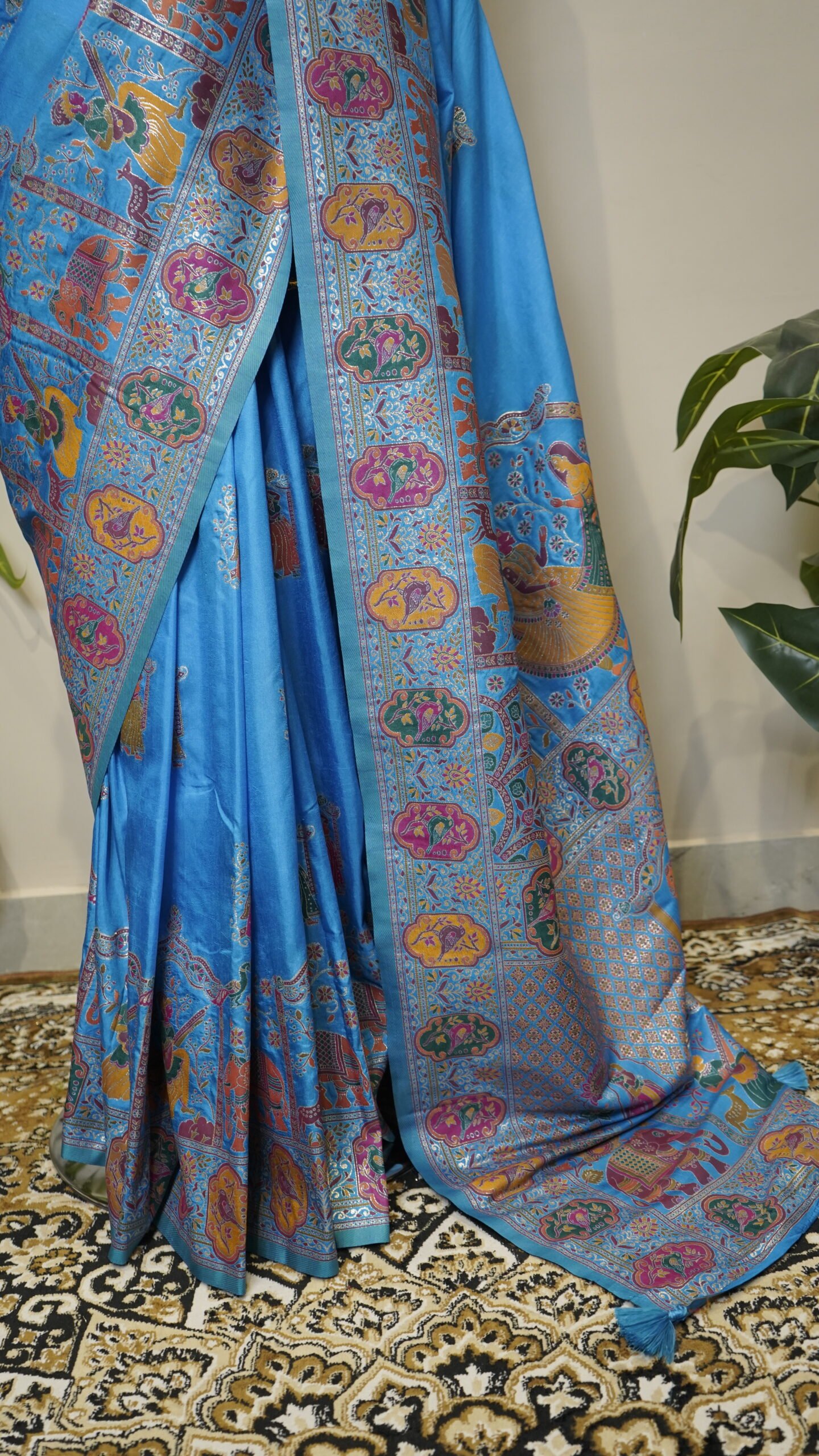 Sky Blue Banarasi Saree with Multicolor Traditional Woven Border & Pallu - Image 4