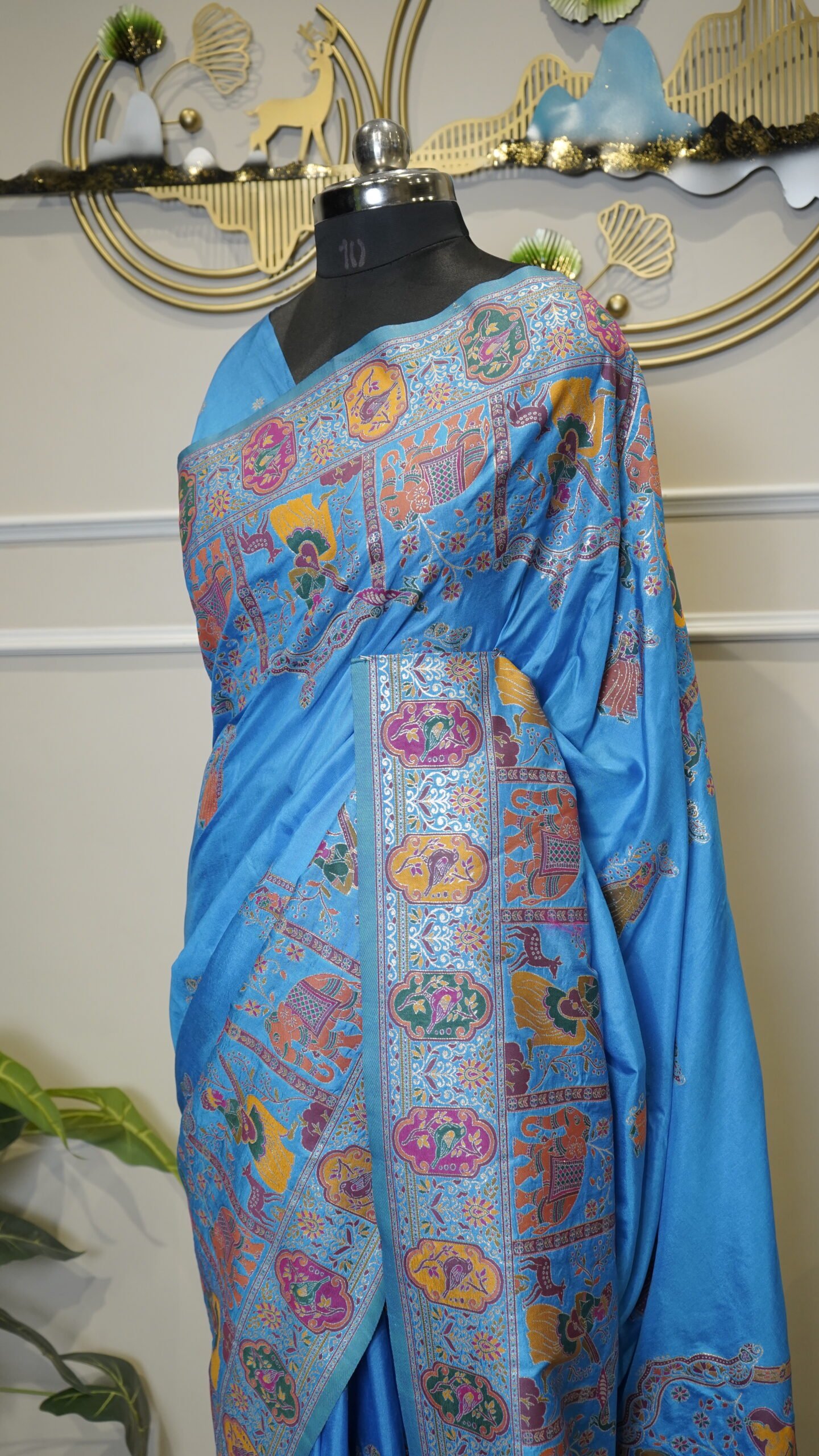 Sky Blue Banarasi Saree with Multicolor Traditional Woven Border & Pallu - Image 6