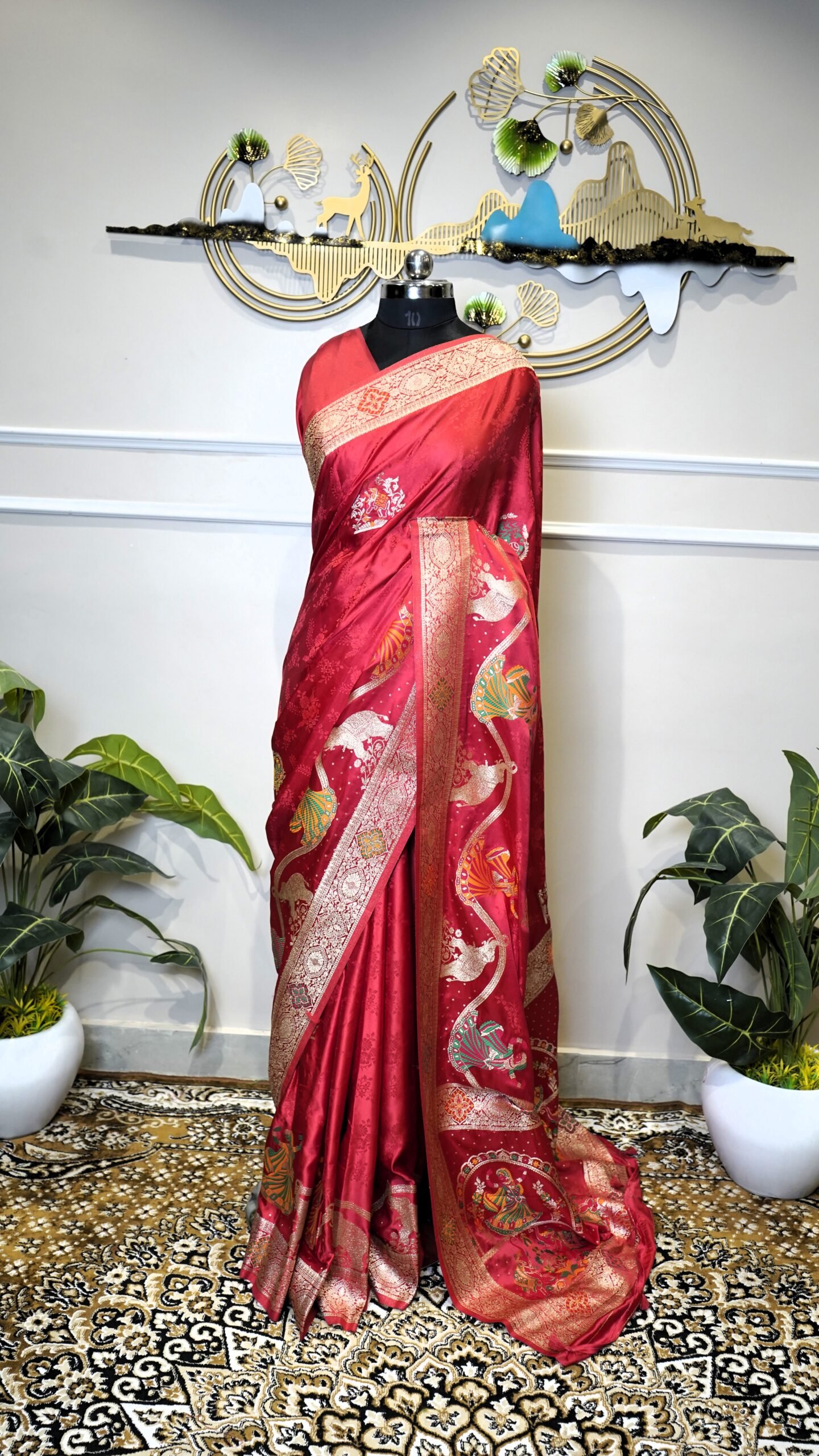 Red Banarasi Saree with Silver Zari Woven Border & Artistic Pallu - Image 2