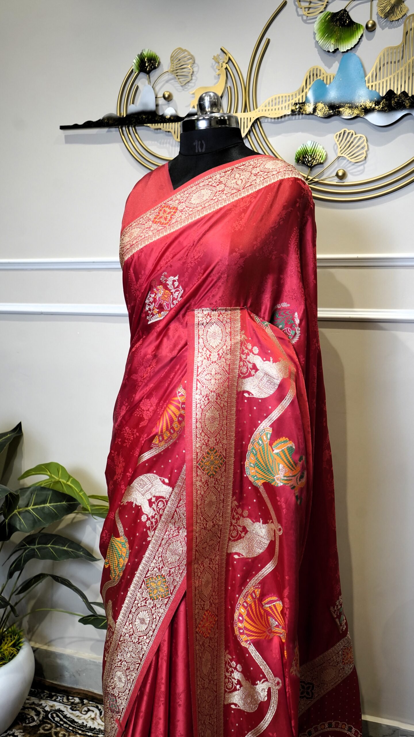 Red Banarasi Saree with Silver Zari Woven Border & Artistic Pallu - Image 7