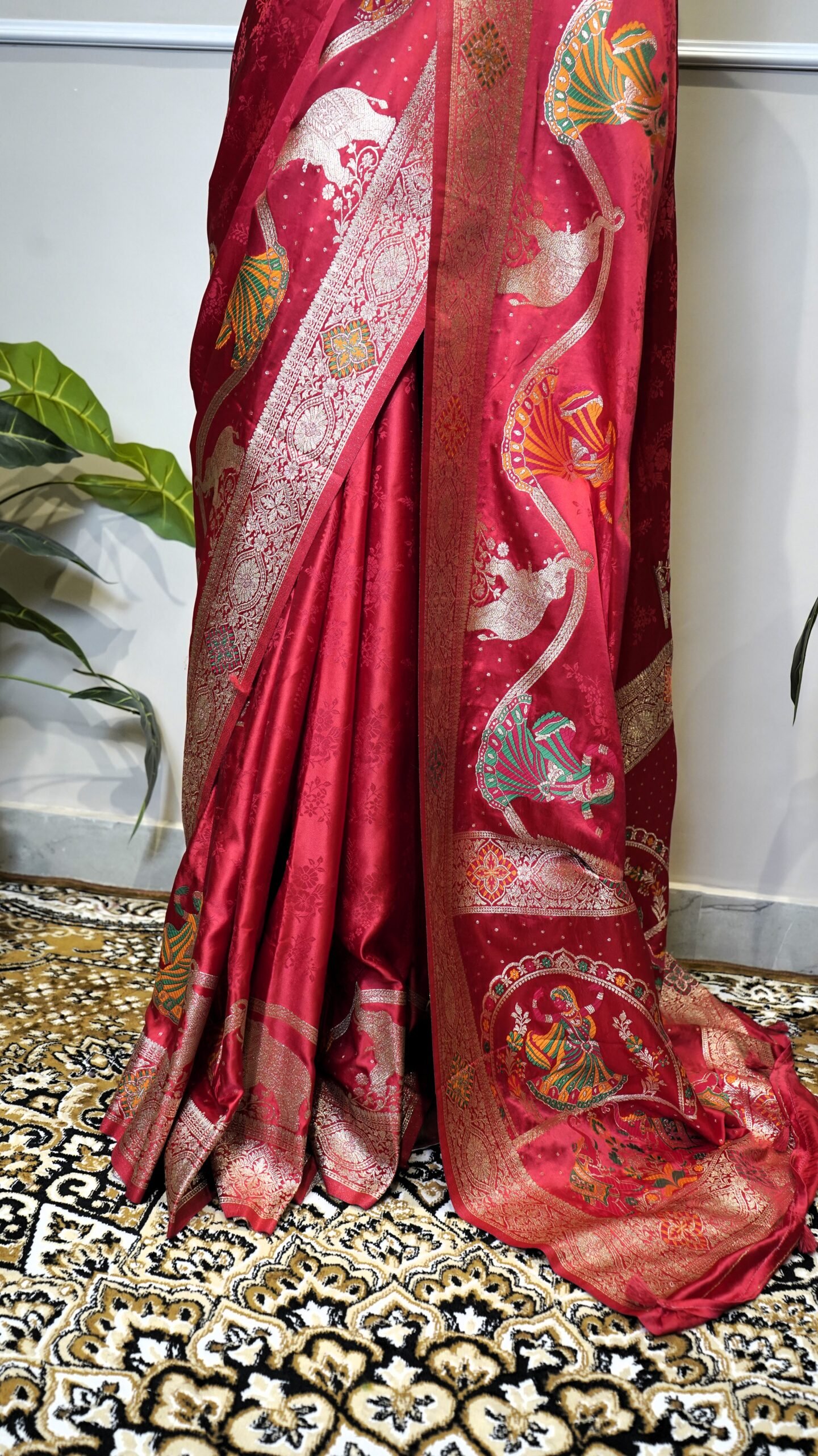 Red Banarasi Saree with Silver Zari Woven Border & Artistic Pallu - Image 6