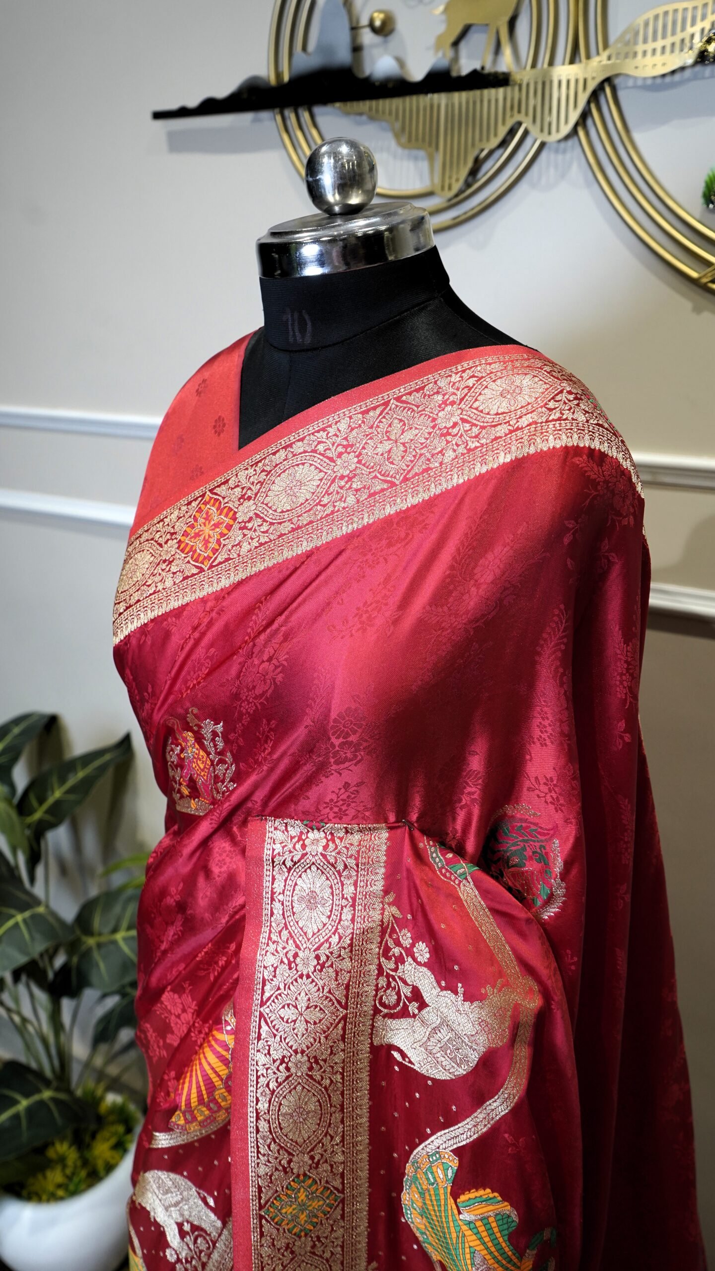 Red Banarasi Saree with Silver Zari Woven Border & Artistic Pallu - Image 5