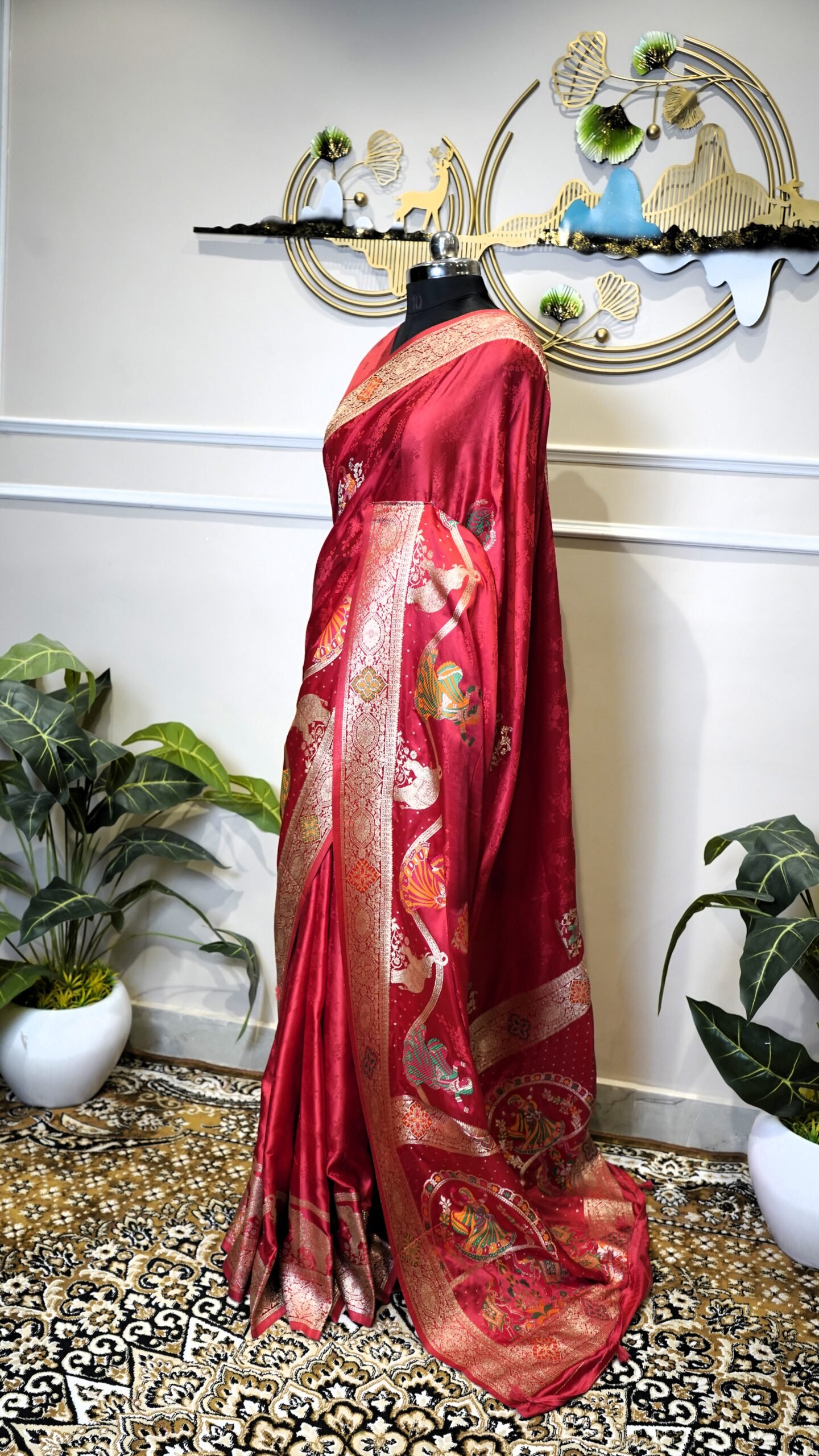 Red Banarasi Saree with Silver Zari Woven Border & Artistic Pallu - Image 4