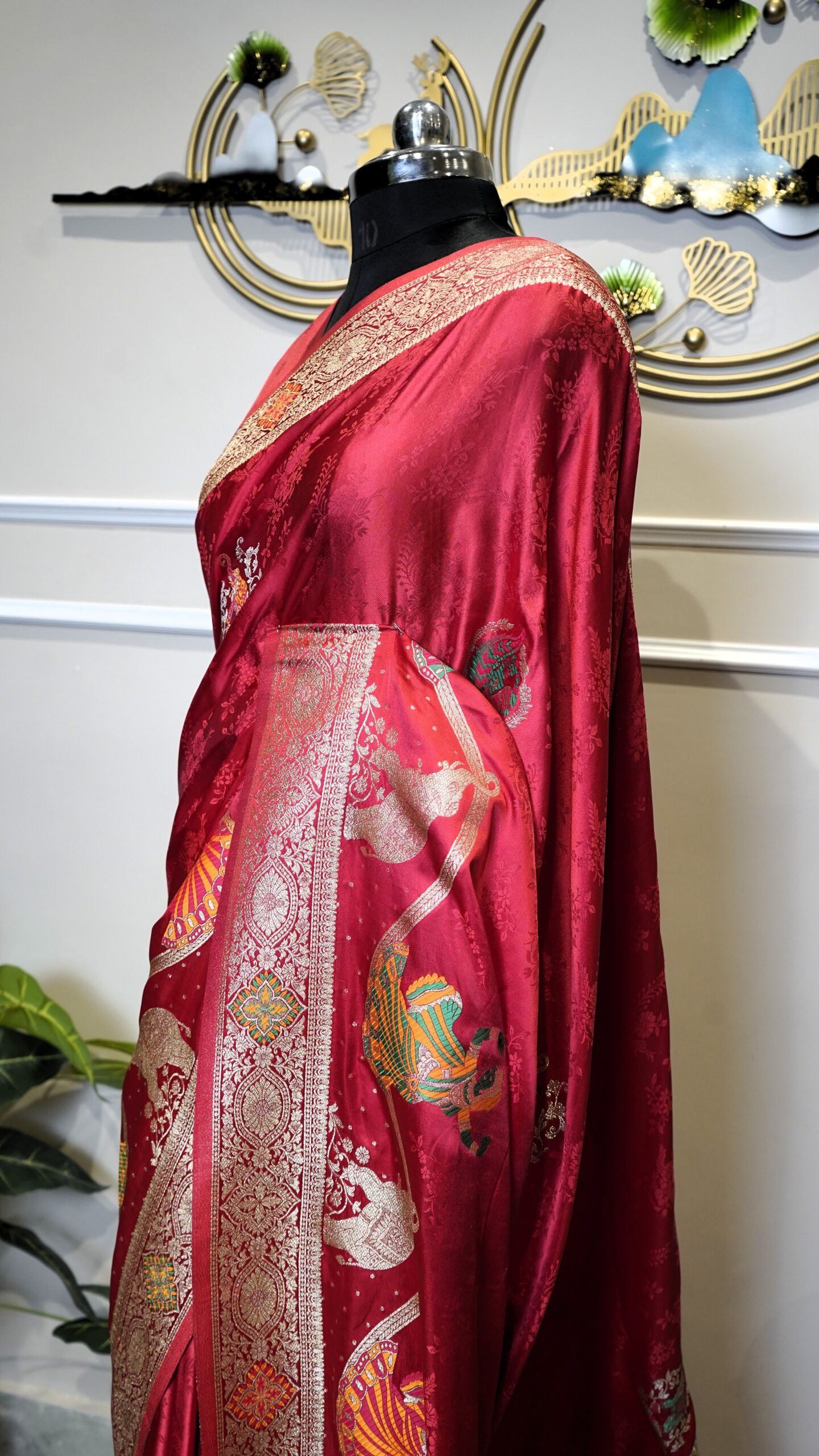 Red Banarasi Saree with Silver Zari Woven Border & Artistic Pallu - Image 3