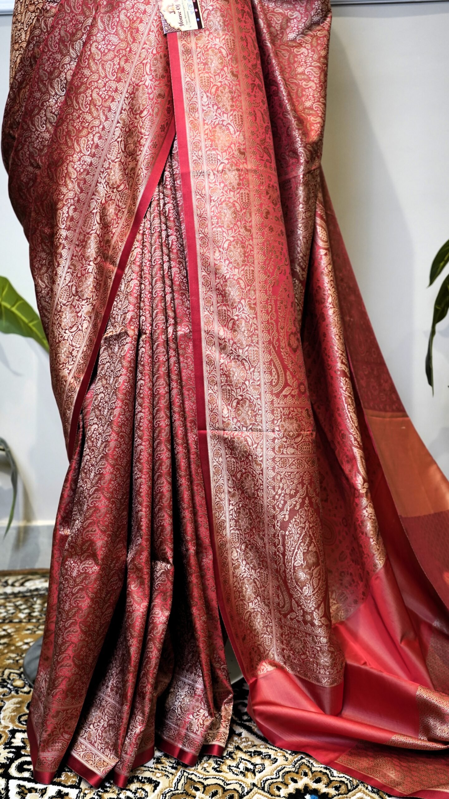 Pure Banarasi Red Saree with Silver Zari Floral Weaving - Image 5