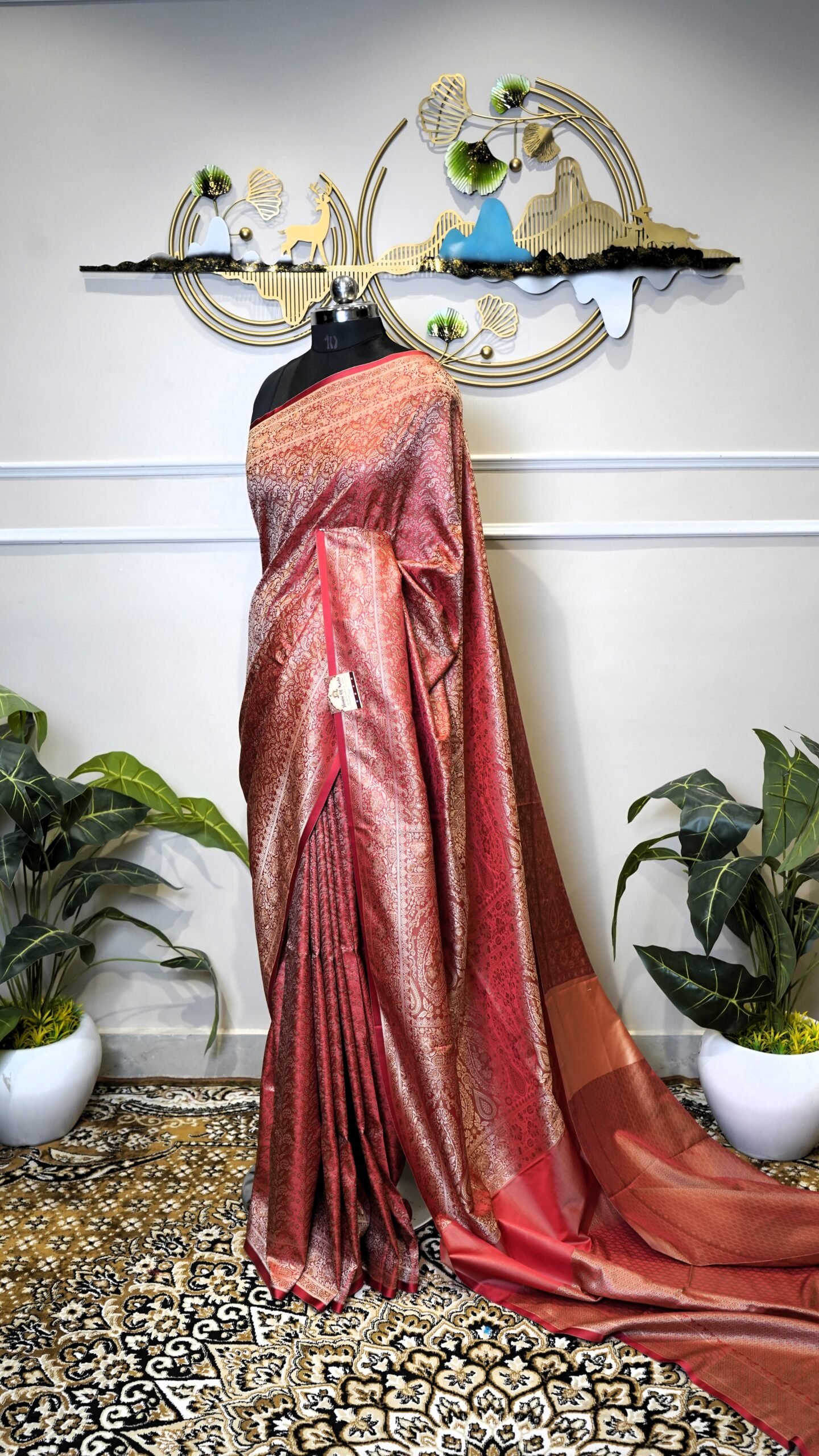 Pure Banarasi Red Saree with Silver Zari Floral Weaving - Image 2