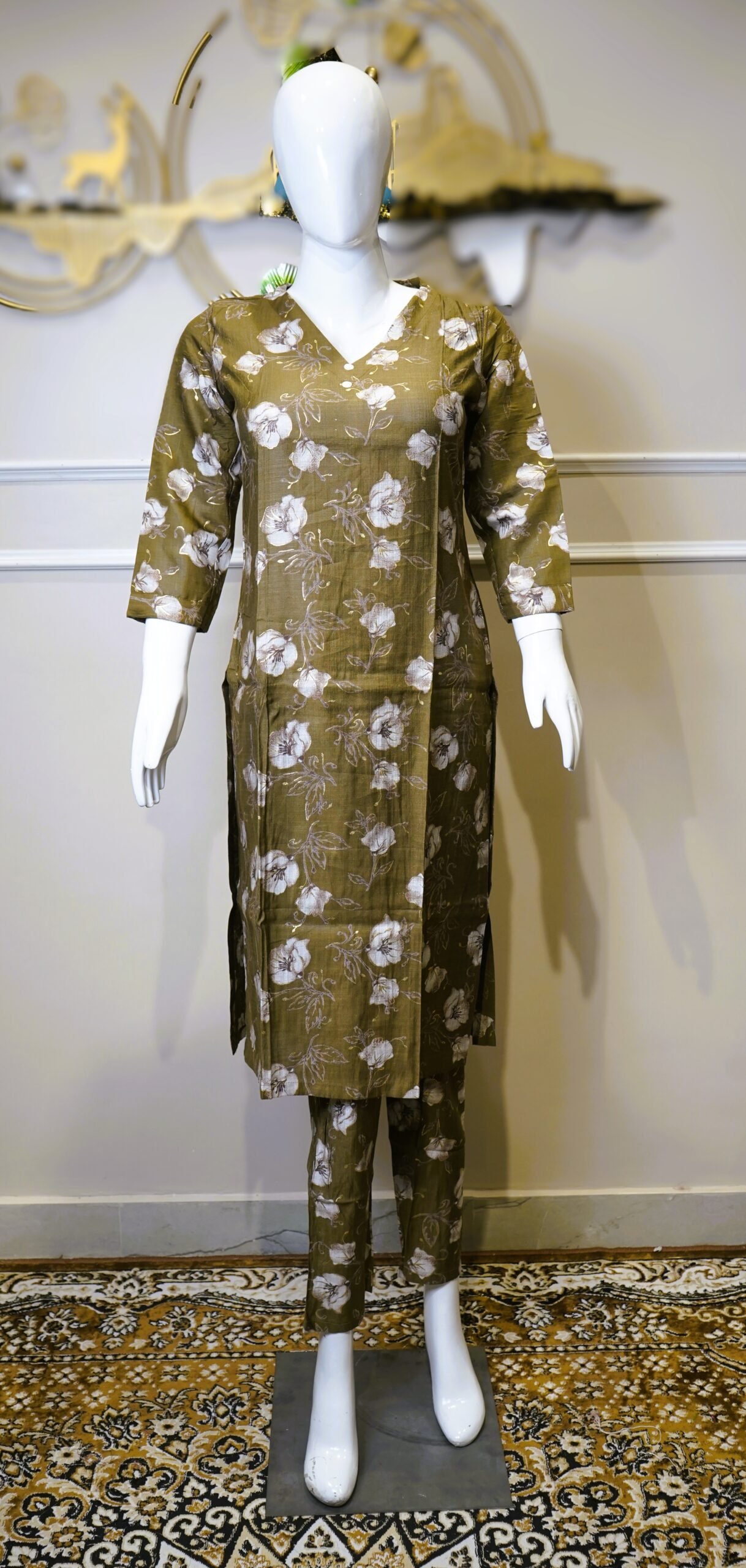 Olive Green Floral Printed Co-Ord Set for Women - Image 4