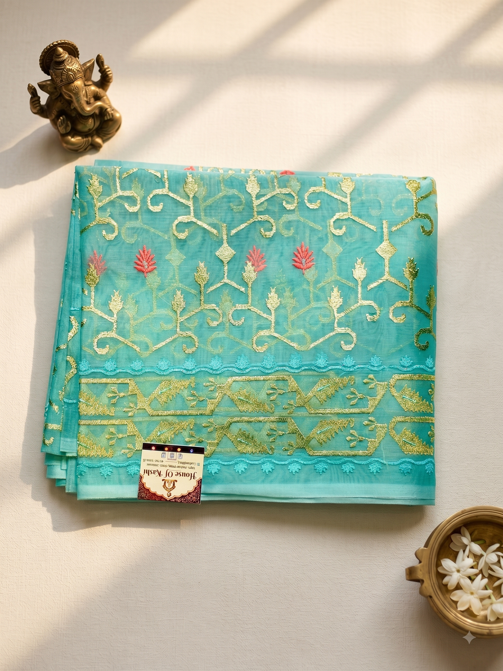 Green Sheer Organza Silk Saree with Gold Zari Jaal & Resham Embroidery