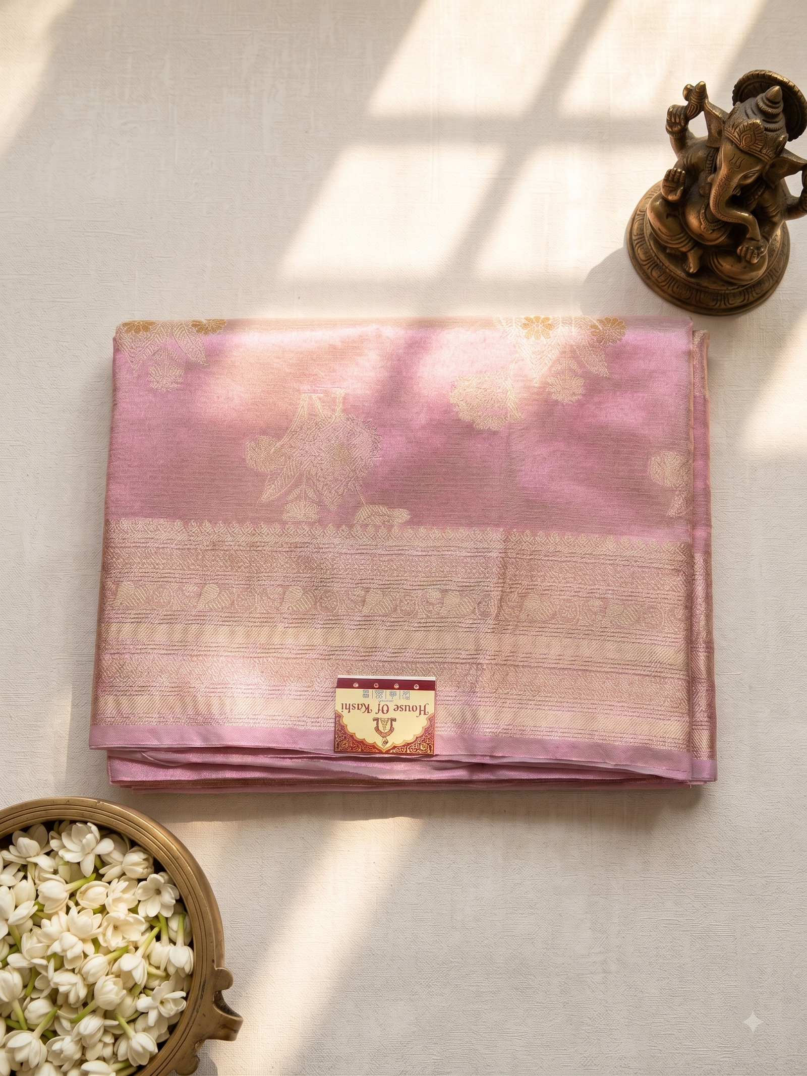 Blush Pink & Gold Tissue Silk Saree with Meenakari Floral Butis