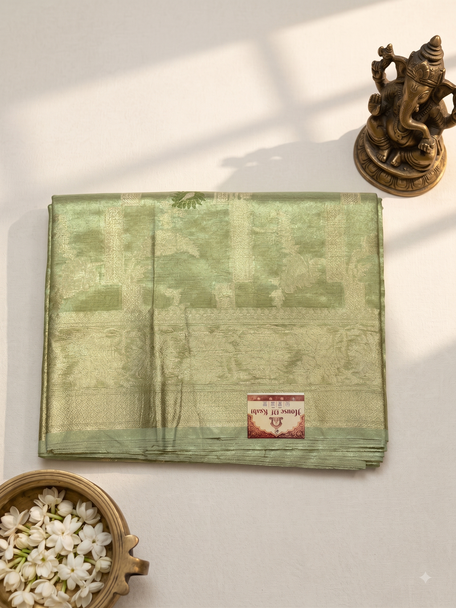 Sage Green & Gold Tissue Silk Saree with Meenakari Butis