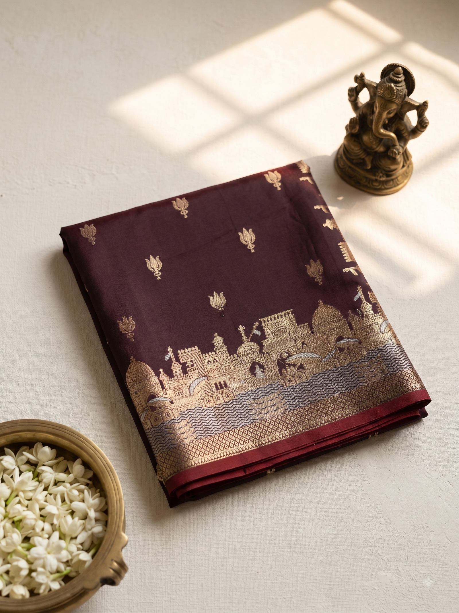 Varanasi Ghat Motif Banarasi Silk Saree in Regal Wine