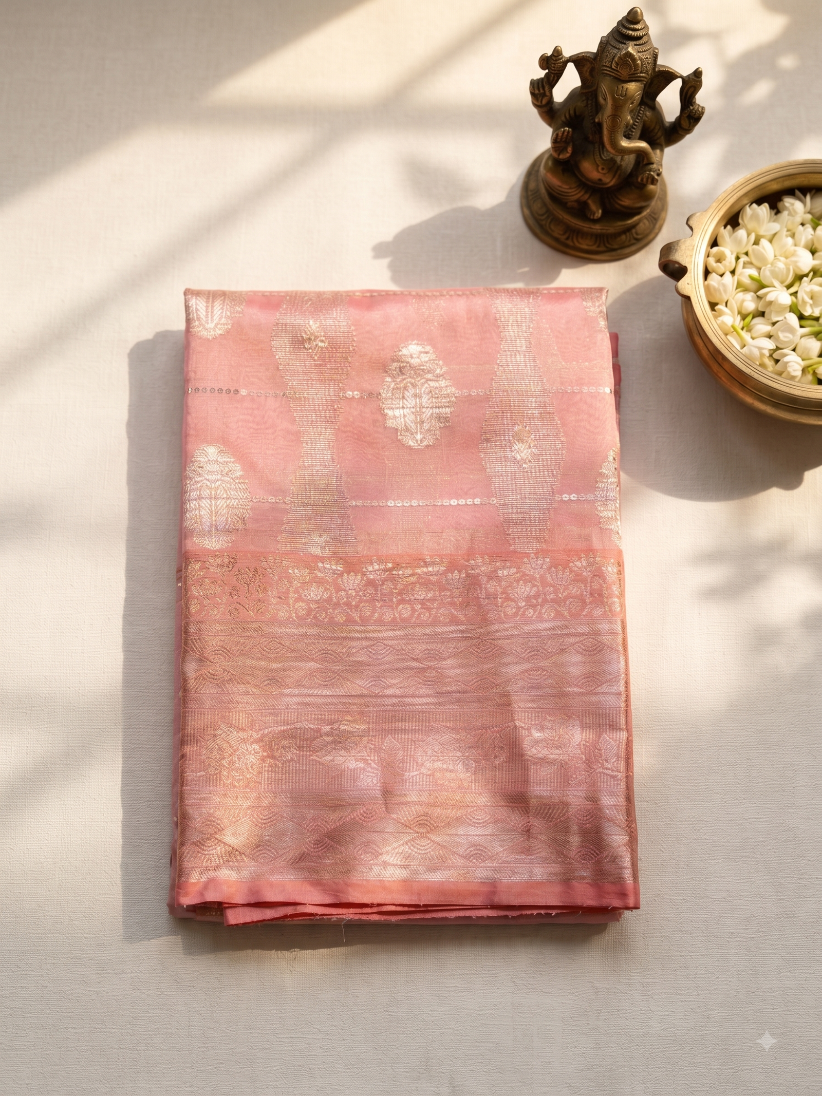 Blush Pink Mushroo Satin Saree