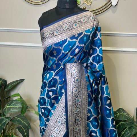 Pure Banarasi Silk Saree – Royal Blue Floral Jaal with Zari Work