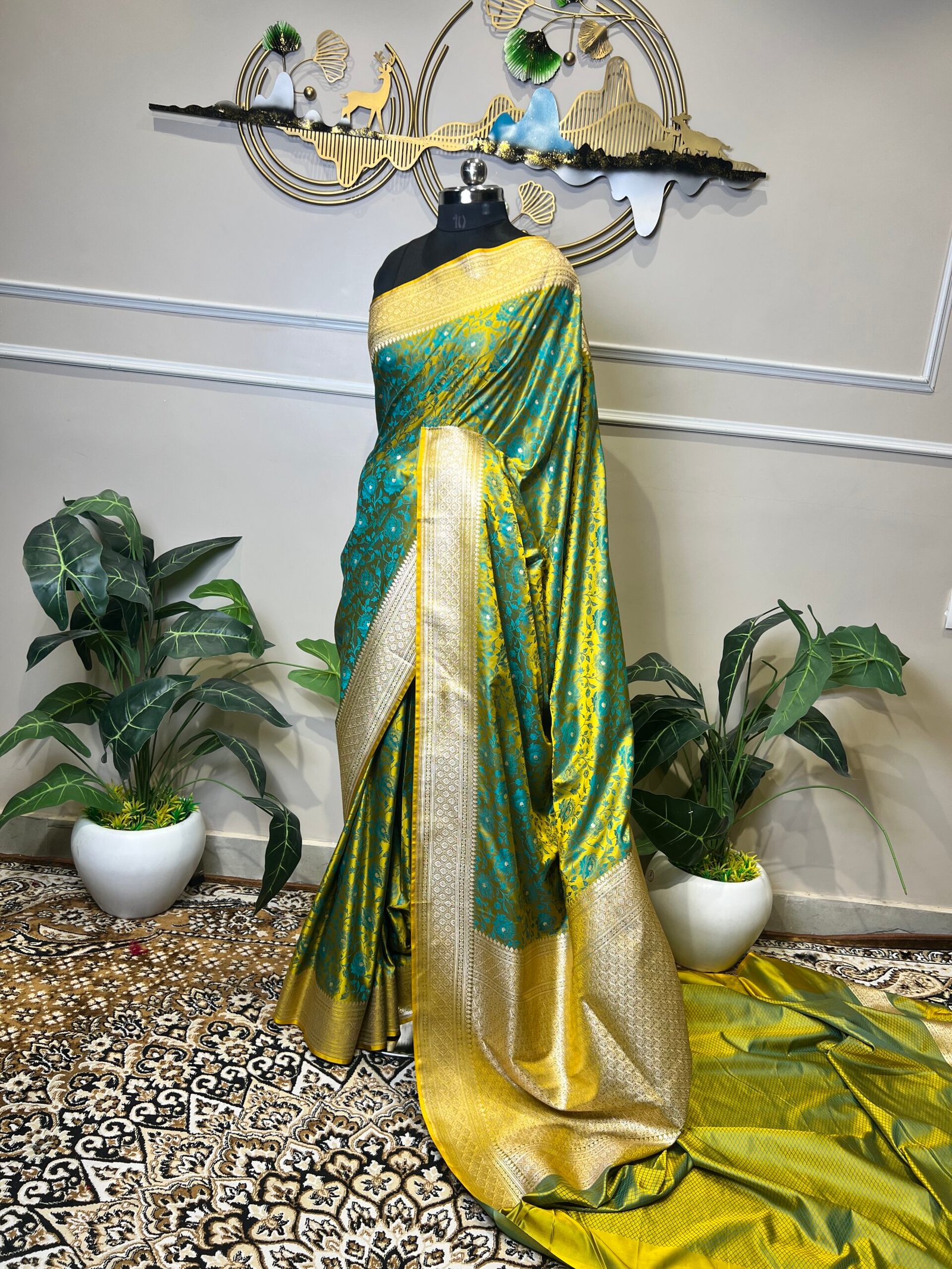 Pure Banarasi Silk Saree – Turquoise & Yellow Floral Zari Weave - Image 6