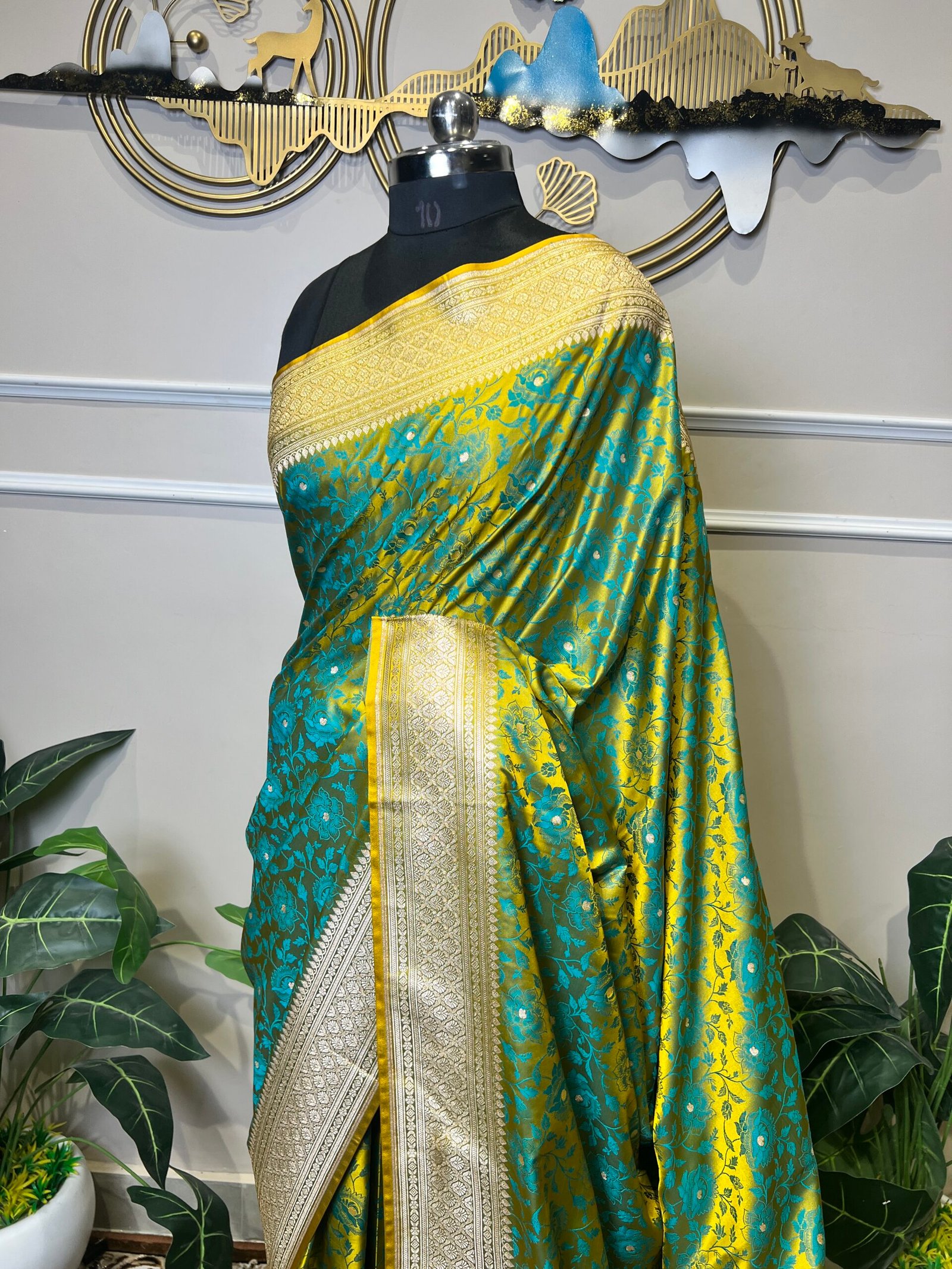 Pure Banarasi Silk Saree – Turquoise & Yellow Floral Zari Weave - Image 3